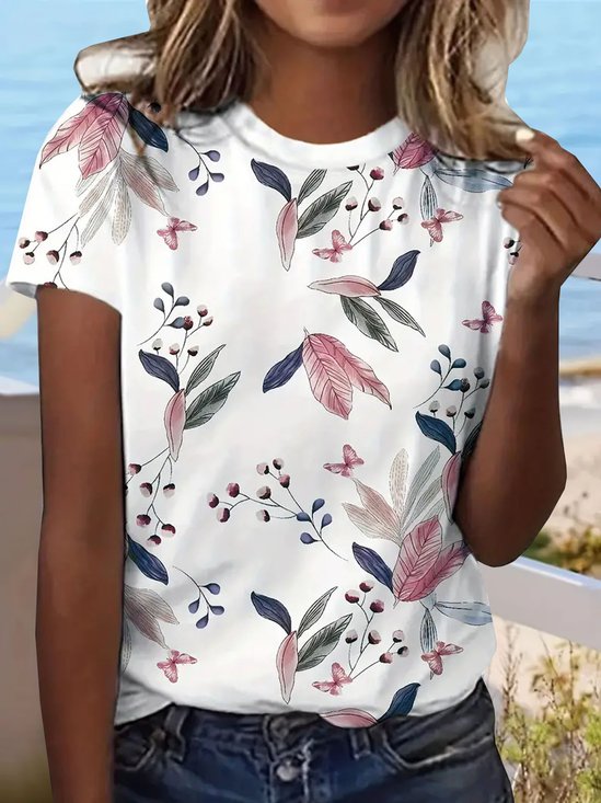 Loose Casual Crew Neck Floral T-Shirt