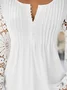 Lace Hollow out Plain Casual Patchwork Notched Neck Tunic Top Buttoned Design Long Sleeve Shirt