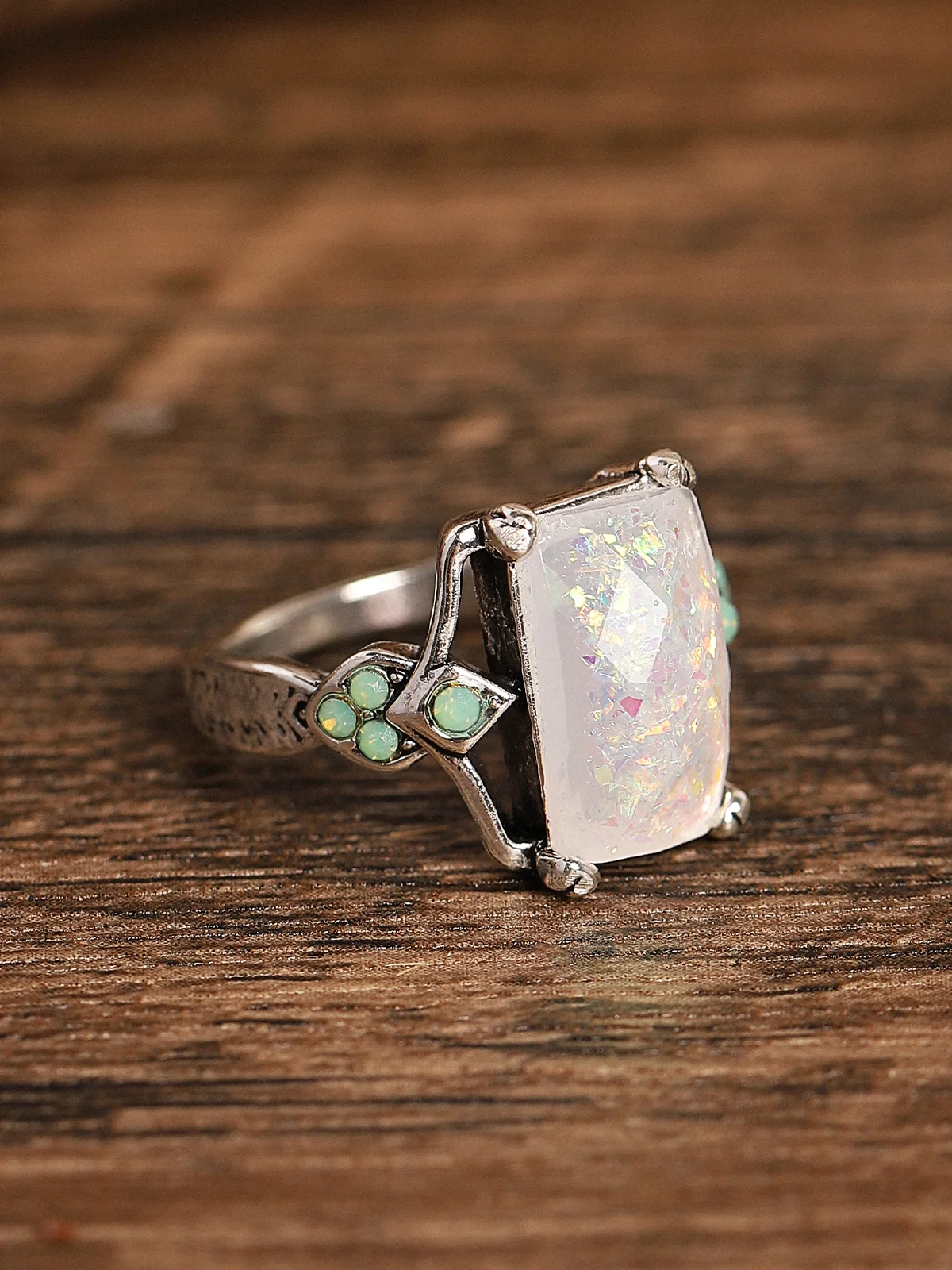 Vintage White Opal Ancient Silver Ring