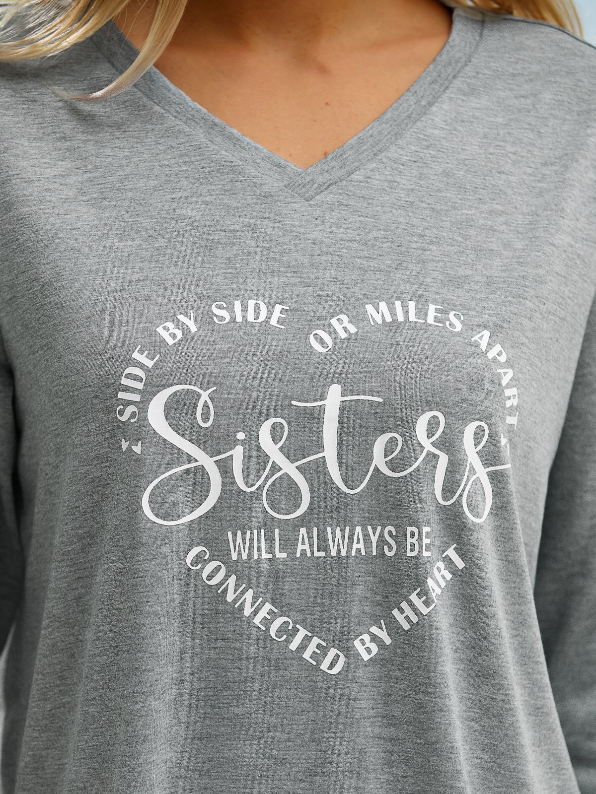 Women Sister Text Letters Regular Fit Jersey H-Line Casual V Neck Long Sleeve T-Shirt