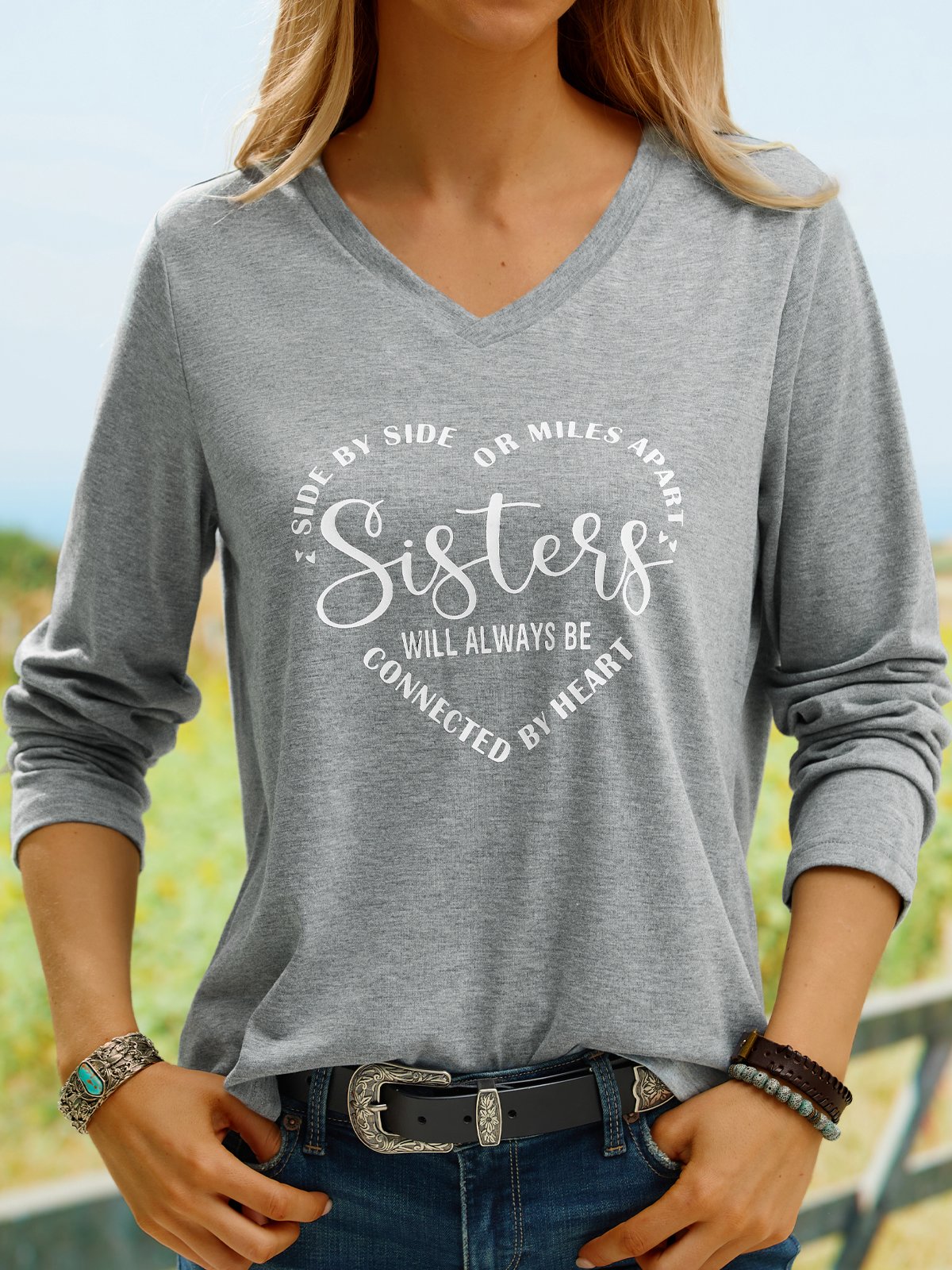 Women Sister Text Letters Regular Fit Jersey H-Line Casual V Neck Long Sleeve T-Shirt