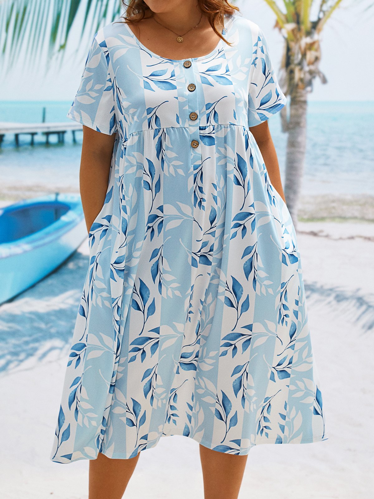 Plus Size Vacation Half Open Collar Floral Short Sleeve Dress