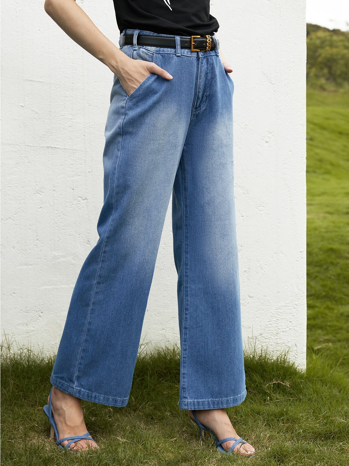 Loose High Waist Plain Urban Wide leg Long Jeans