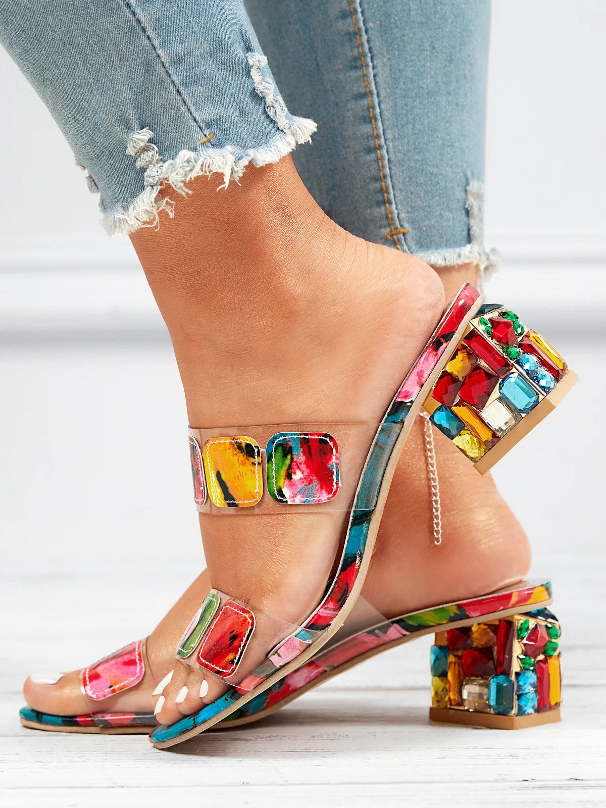 Colorful PVC Double Straps Rhinestone Chunky Heeled Sandals