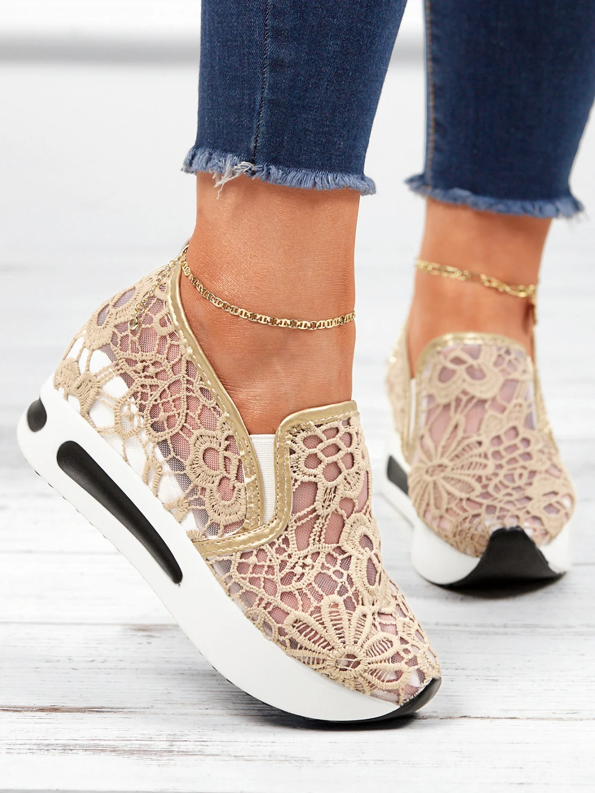 Floral Embroidered Mesh Paneled Slip-On Wedge Sneakers