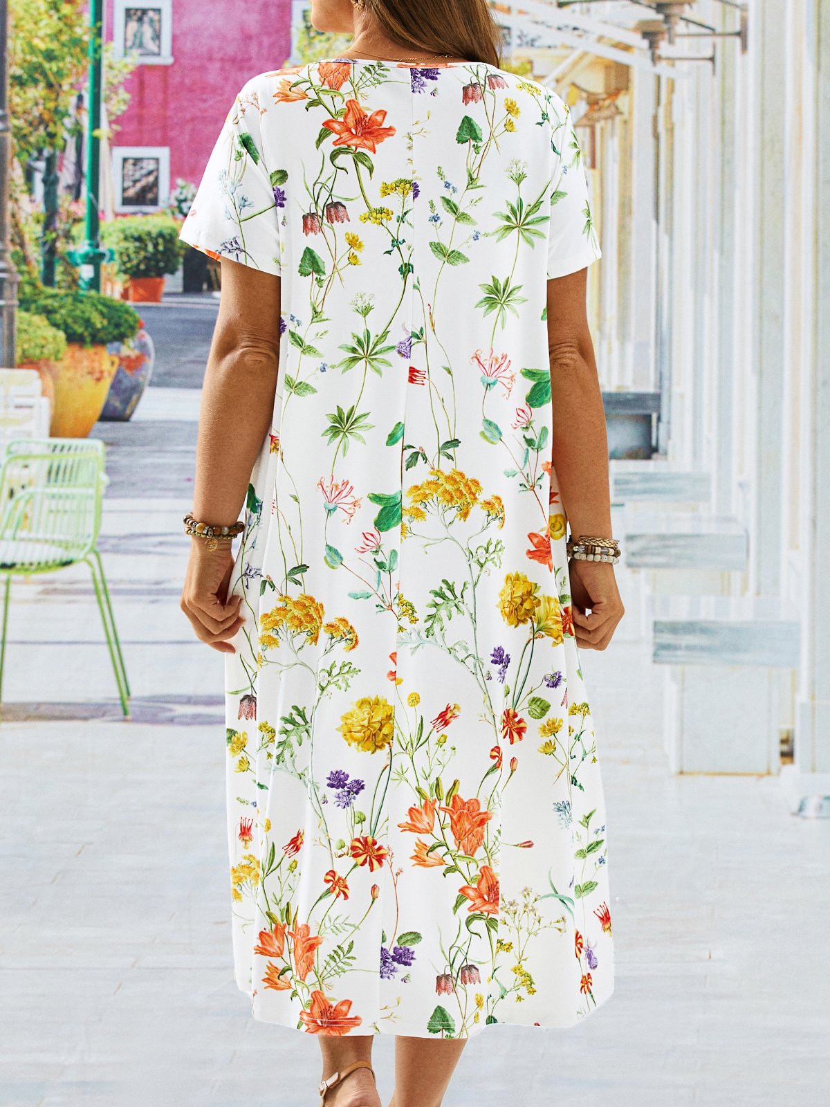 Plus Size Jersey Floral Crew Neck Vacation Dress