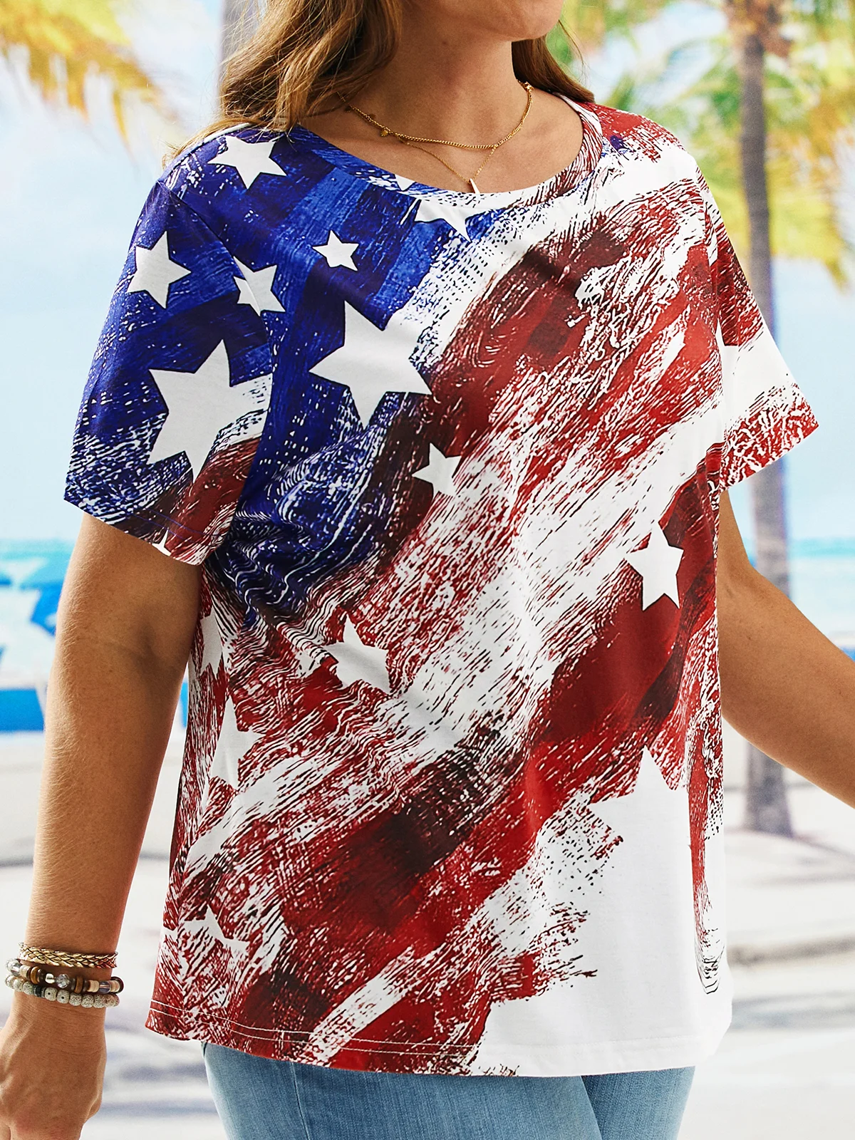 Plus Size Casual Printed Crew Neck Loose Independence Day T-Shirt With America Flag