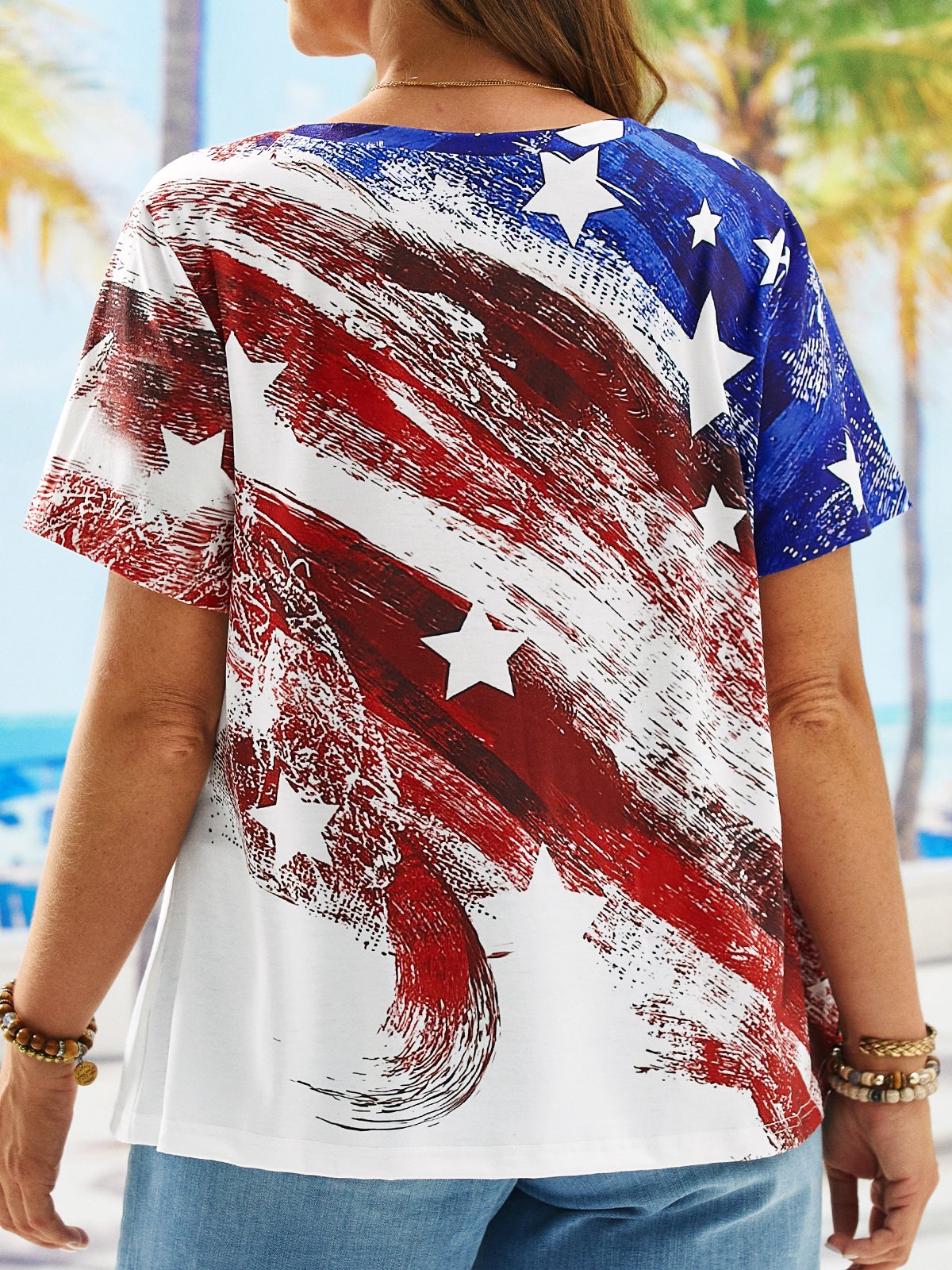 Plus Size Casual Printed Crew Neck Loose Independence Day T-Shirt With America Flag