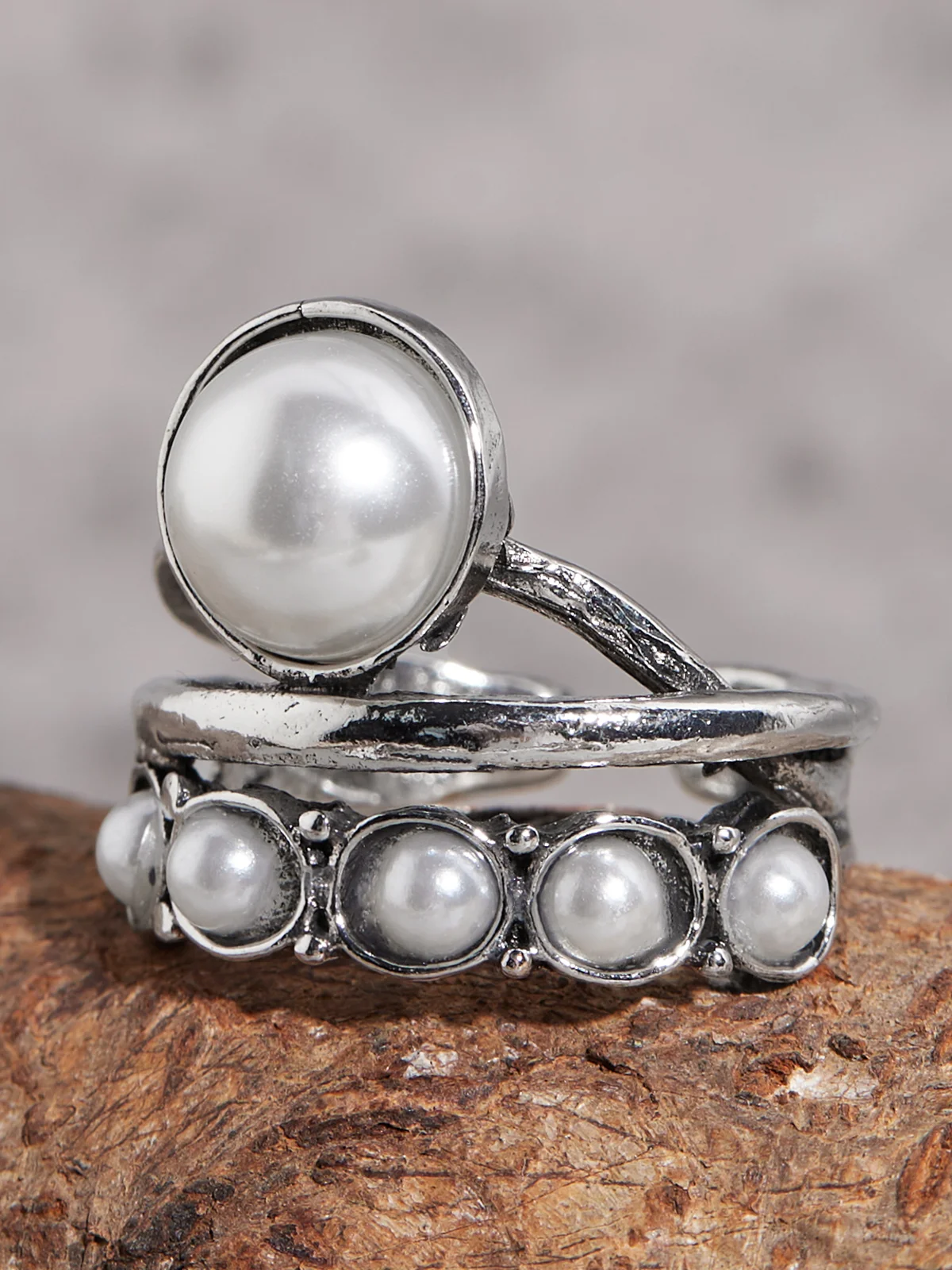 Vintage Silver Distressed Pearl Open Ring