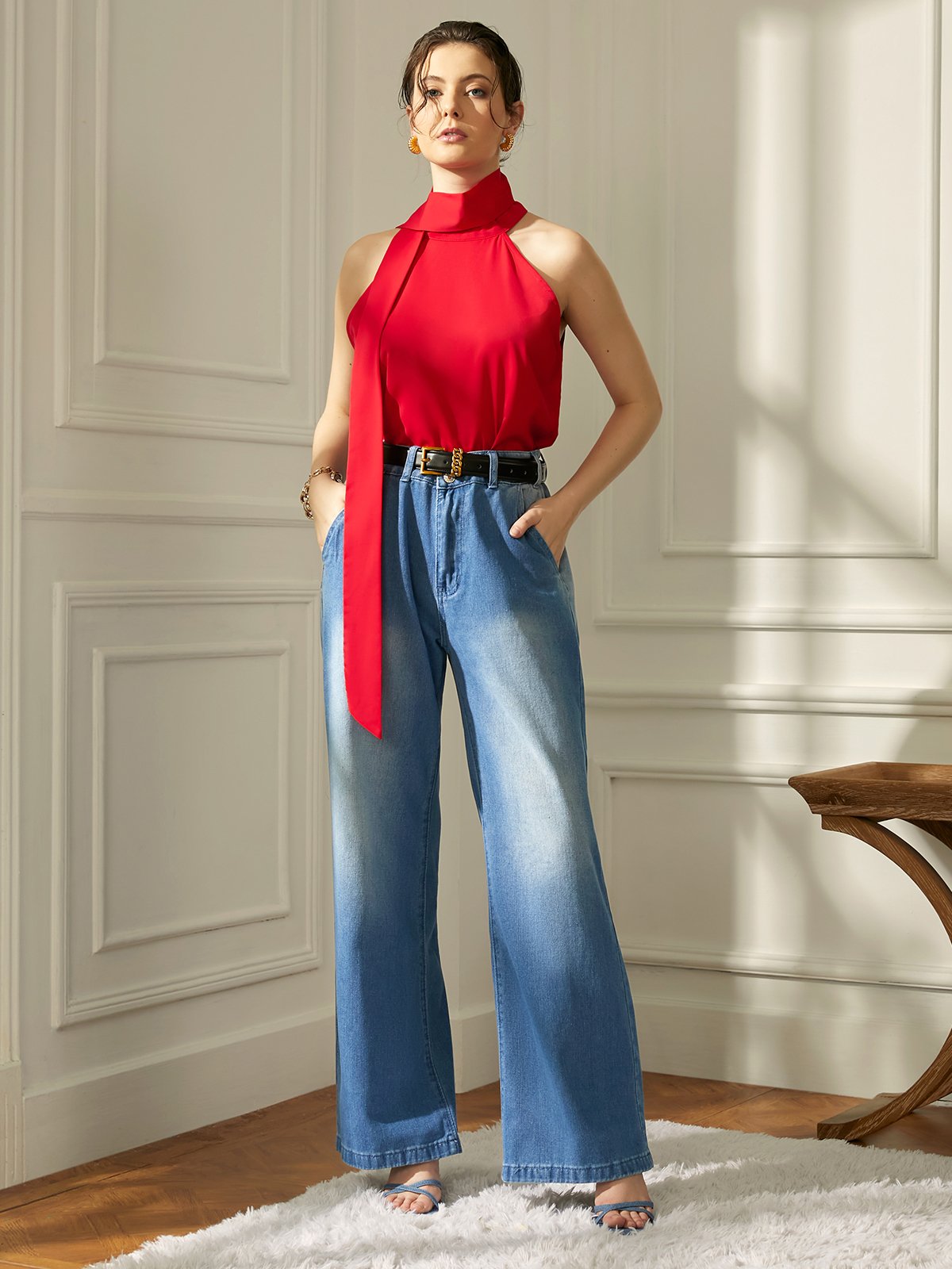 Loose High Waist Plain Urban Wide leg Long Jeans