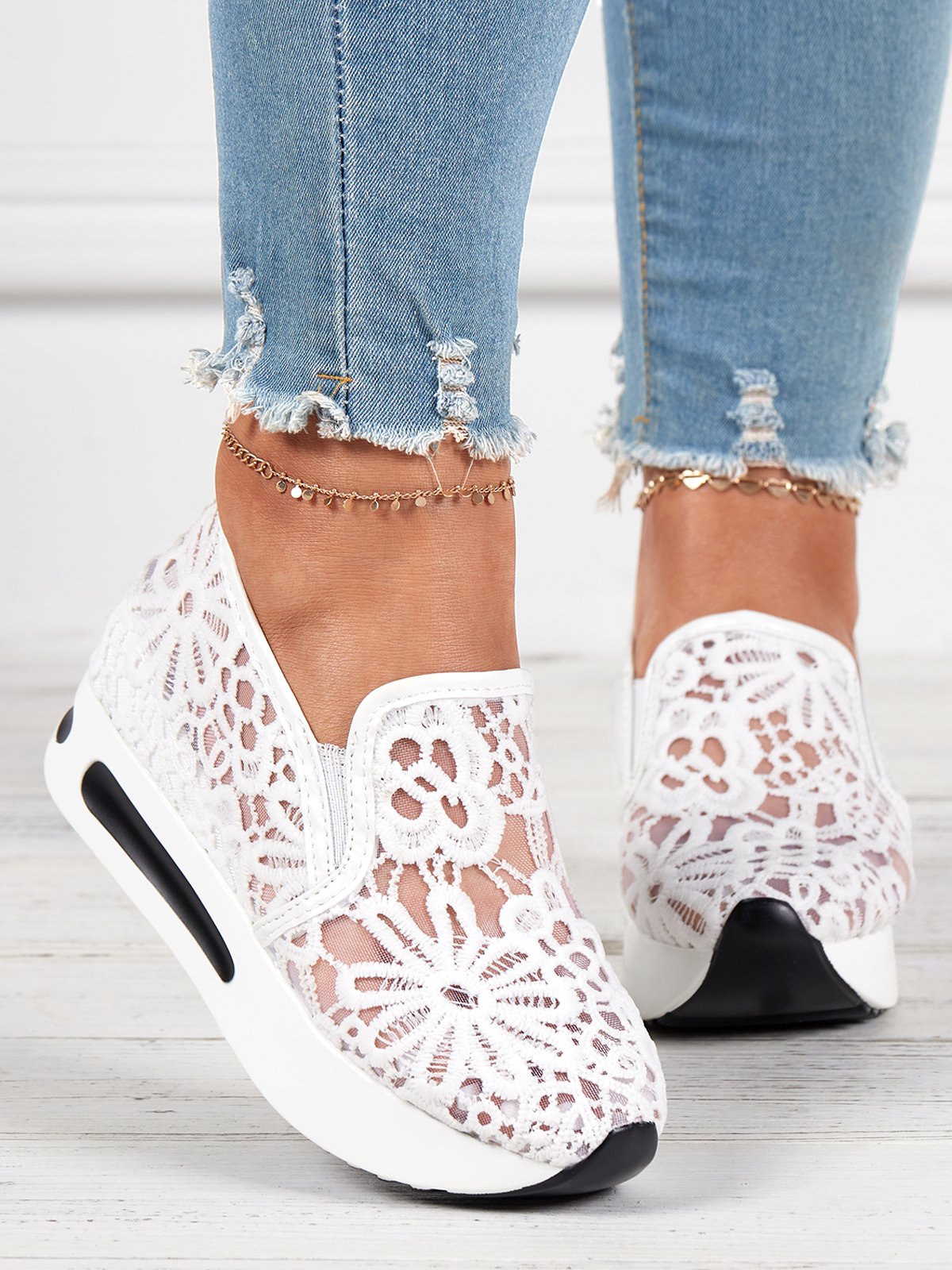 Floral Embroidered Mesh Paneled Slip-On Wedge Sneakers