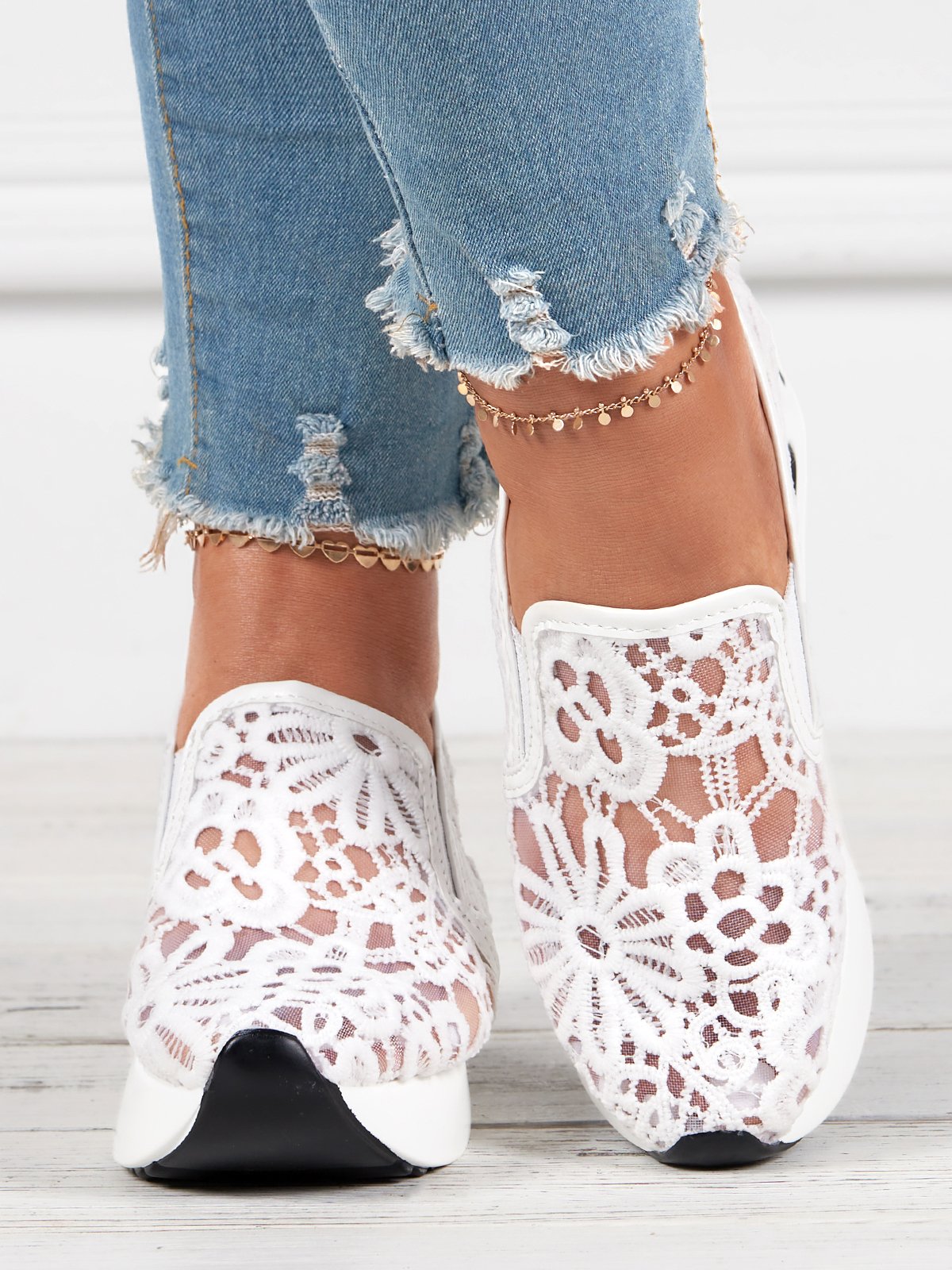 Floral Embroidered Mesh Paneled Slip-On Wedge Sneakers