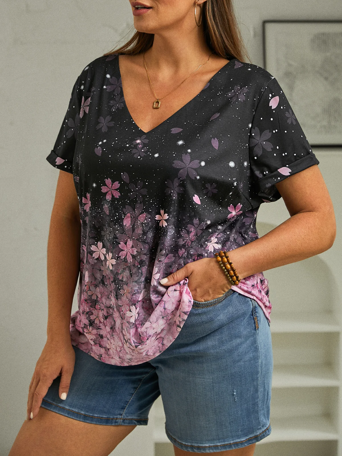 Plus Size Pink  Floral Casual Regular Fit T-Shirt