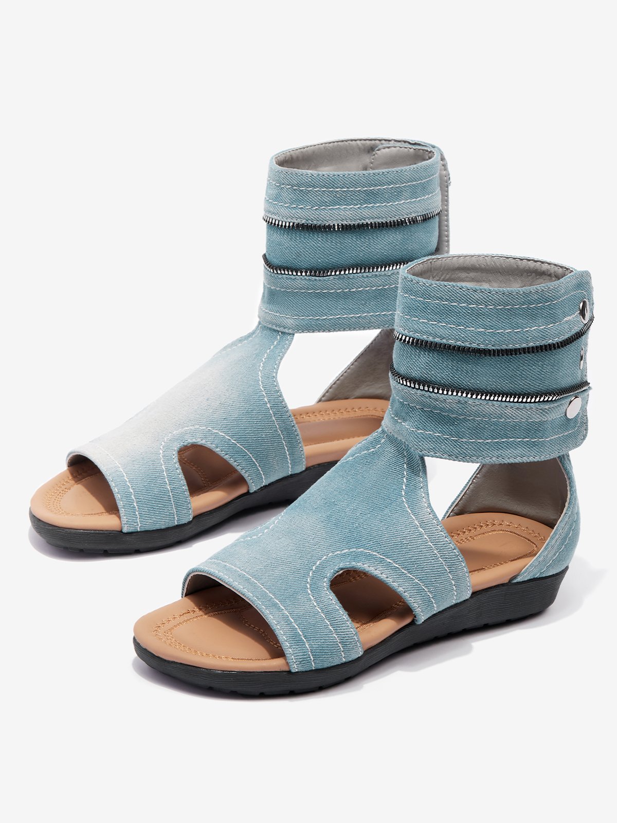 Blue Hollow out Button Denim Sandals Boots