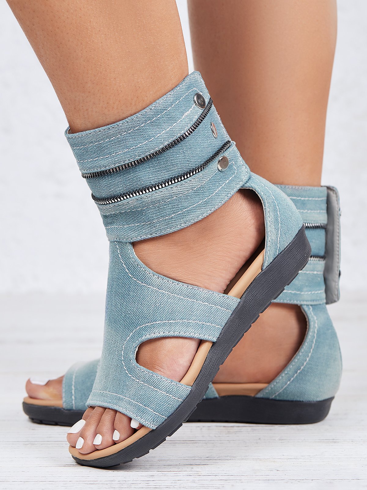 Blue Hollow out Button Denim Sandals Boots