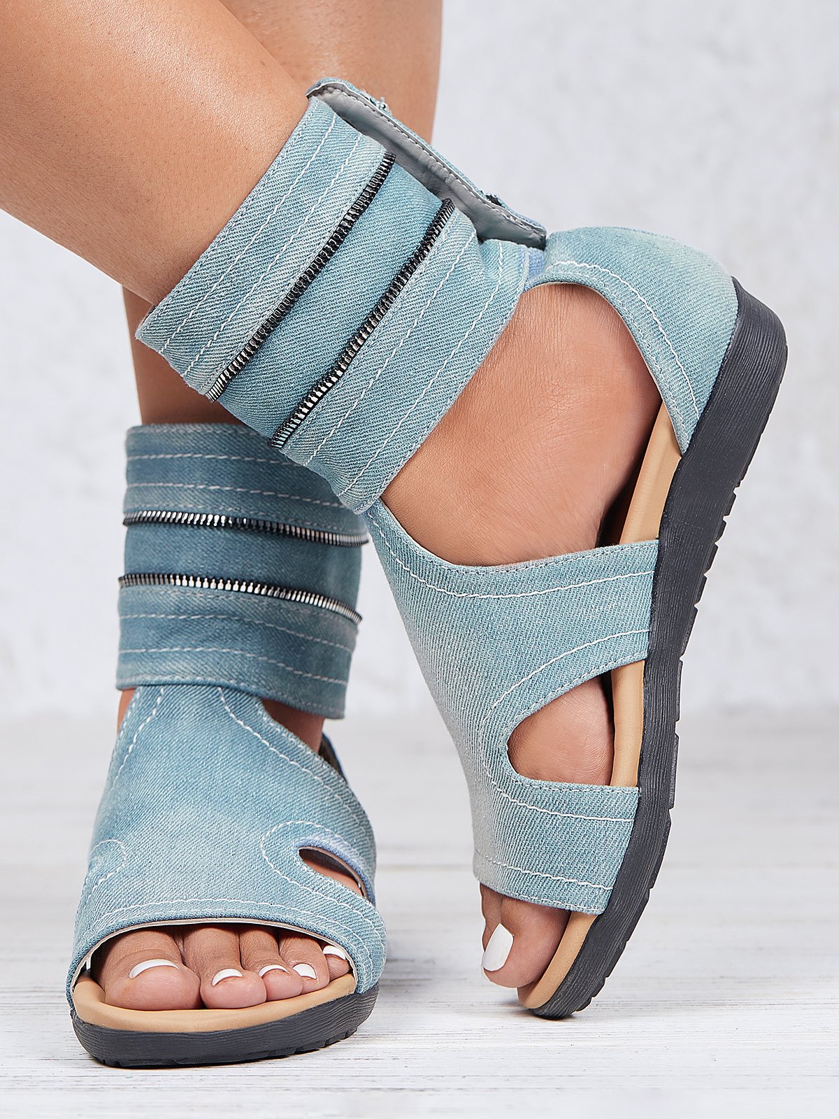 Blue Hollow out Button Denim Sandals Boots