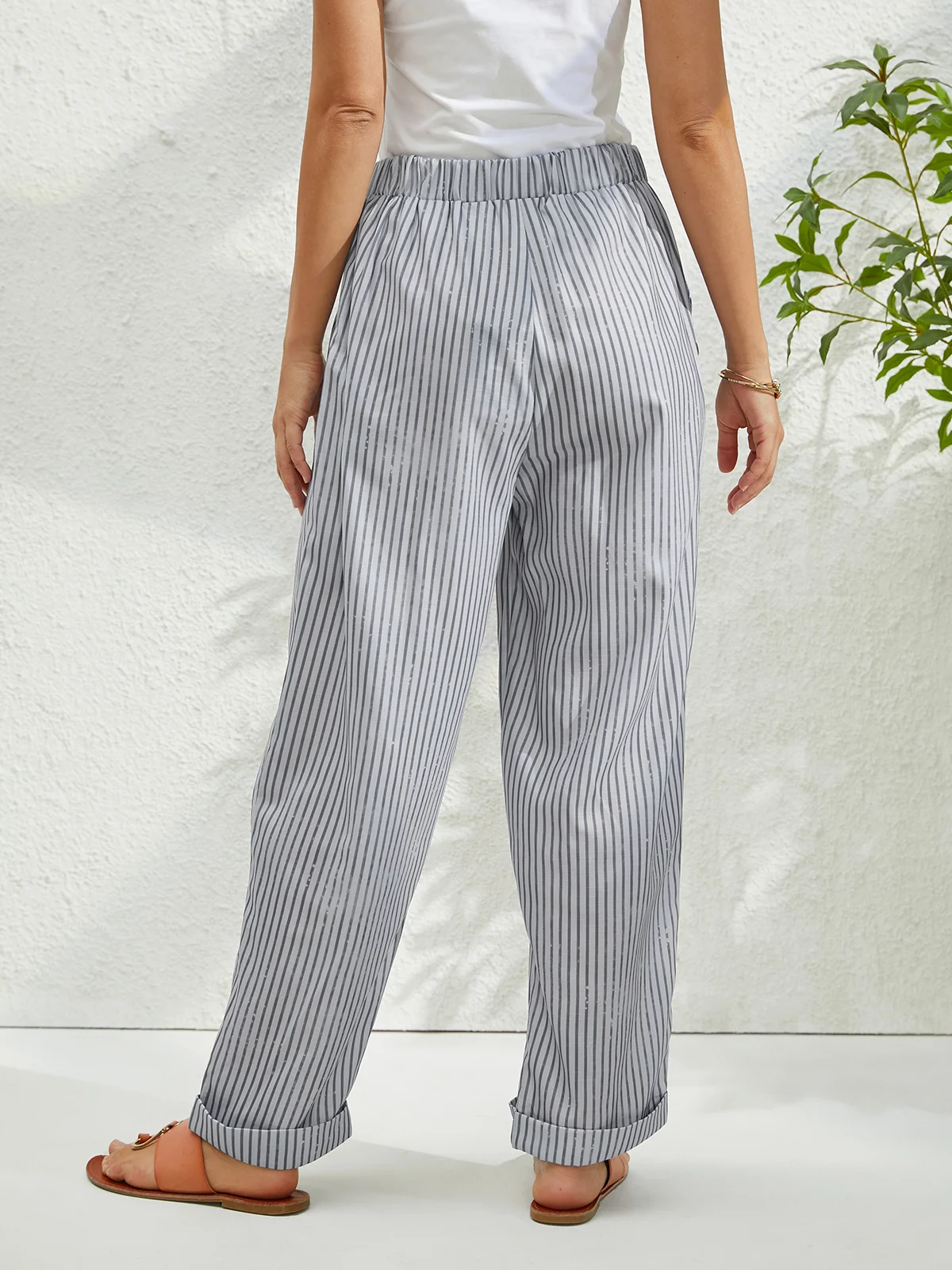 Striped Buttoned Women Classical Geometry Casual Turnip Long Pants