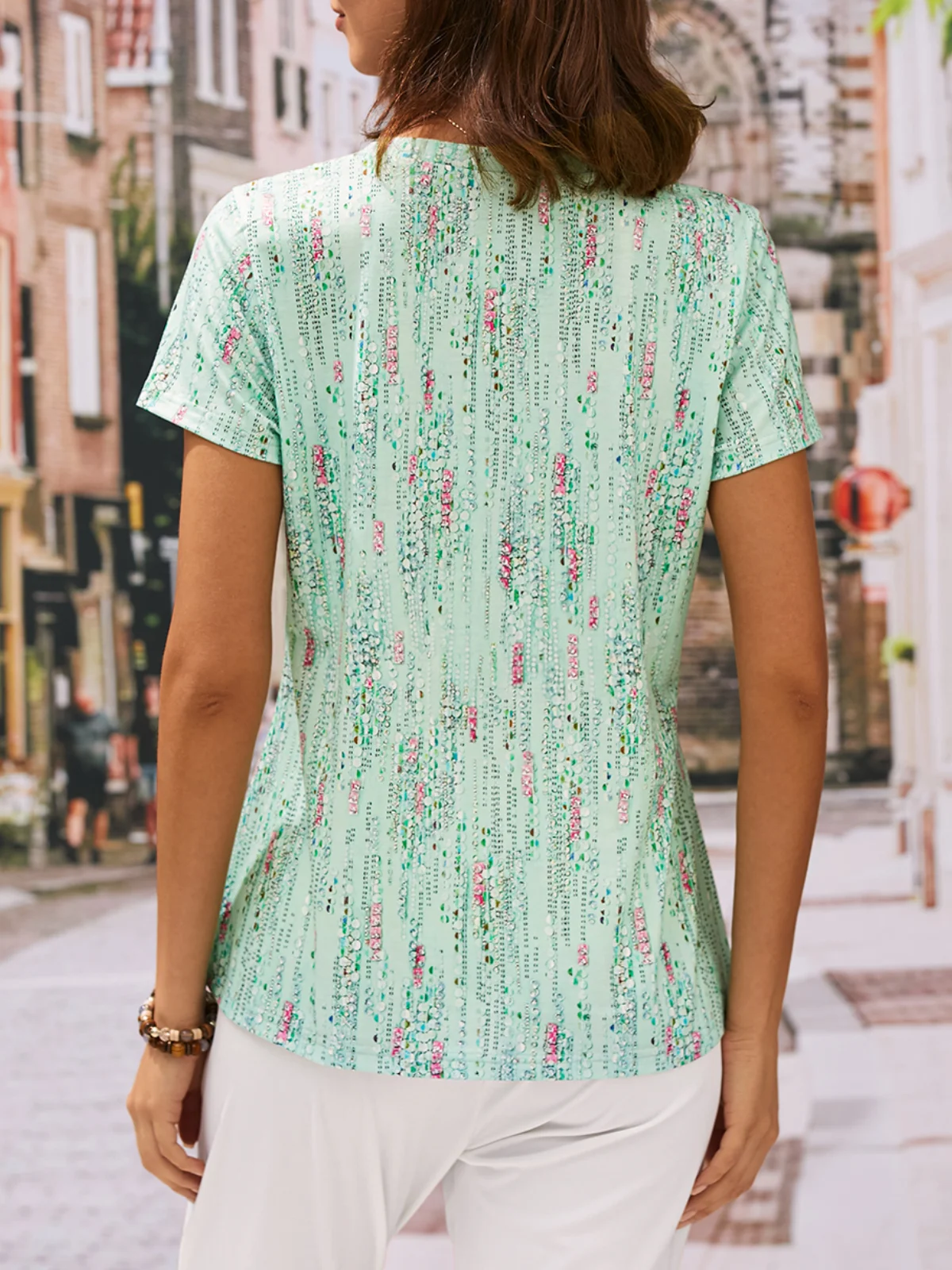 V Neck Casual Loose Shirt Abstract Printed Short Sleeve Blouses