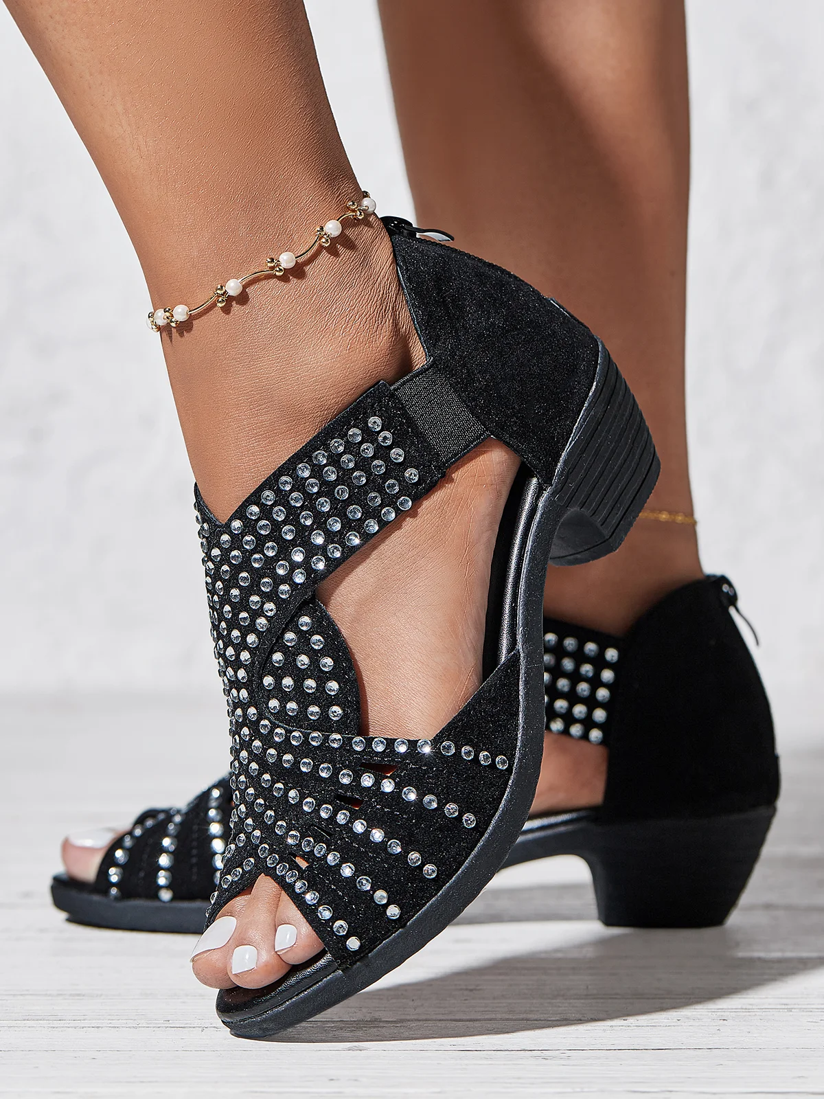 Black Rhinestone Hollow Peep Toe Chunky Heel Dress Sandals