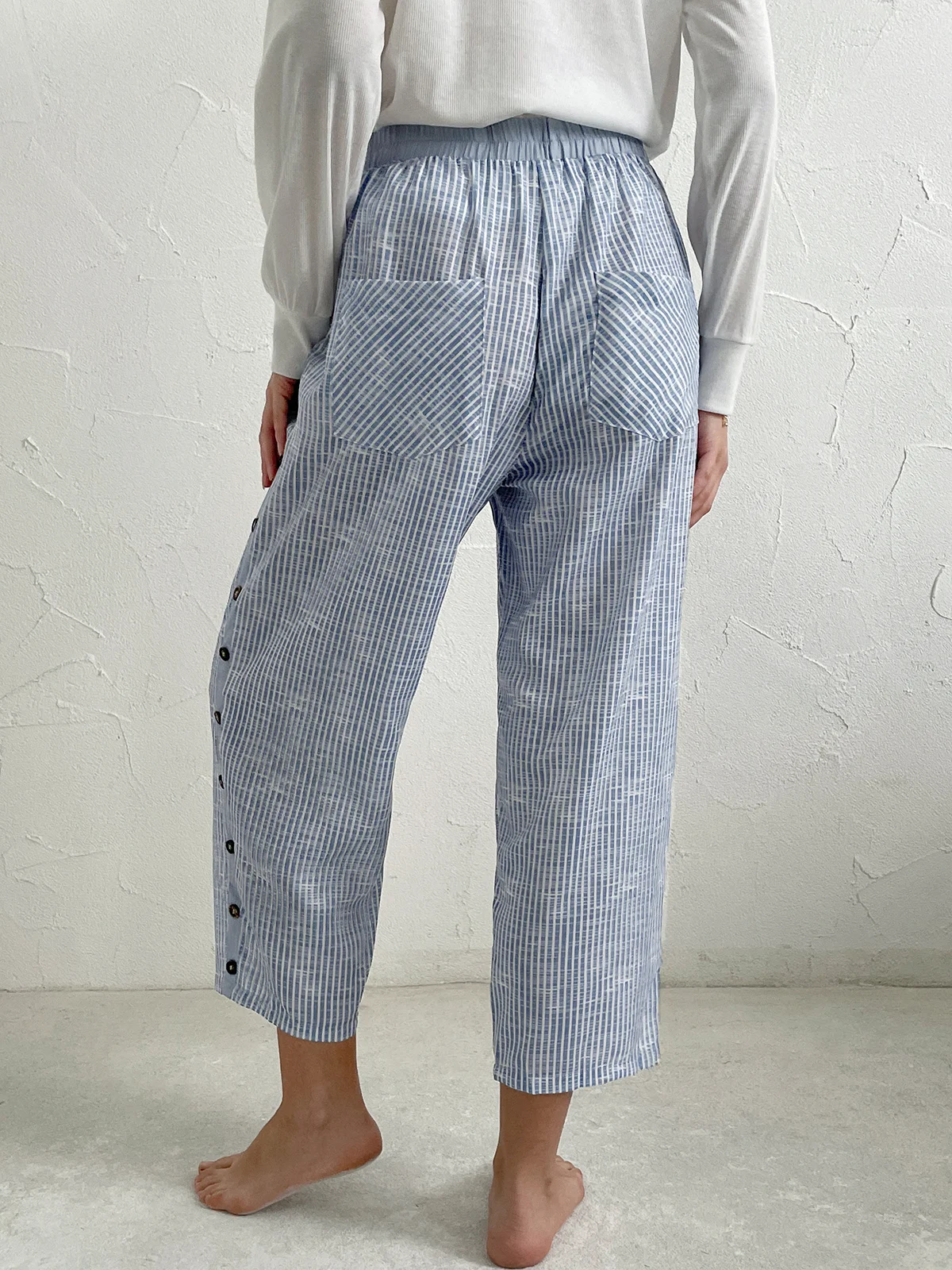  Striped And Buttoned Design Casual Loose Straight Pants With Pockets