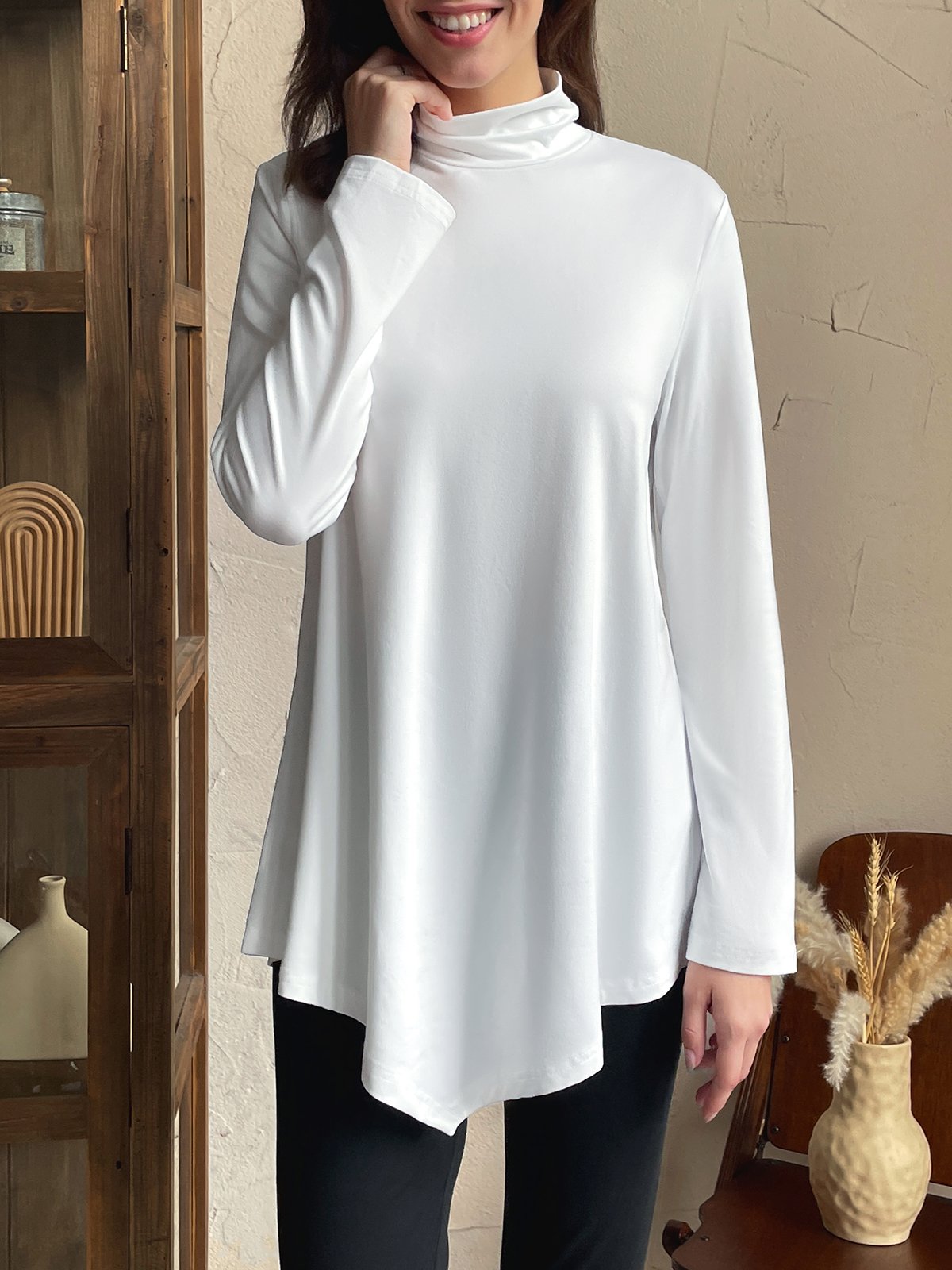 Asymmetric Casual Plain Turtleneck A-Line Jersey Long Sleeve T-Shirt