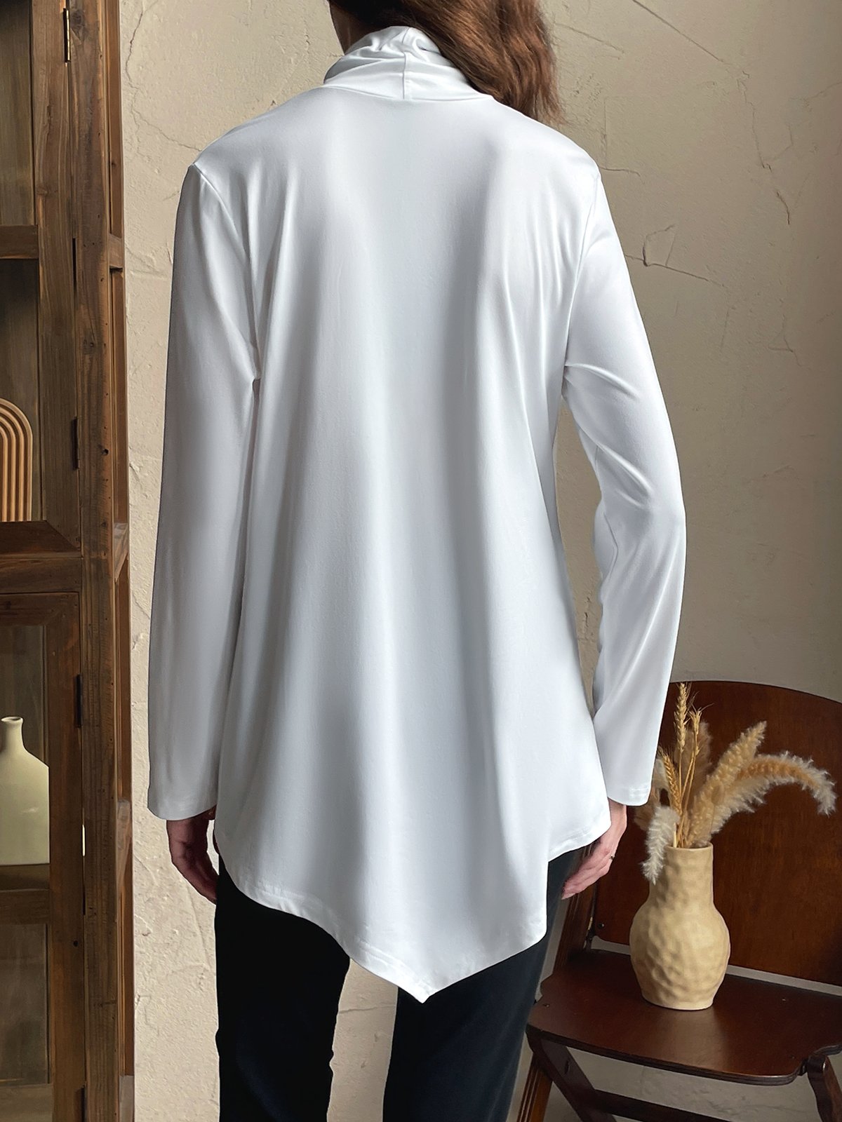 Asymmetric Casual Plain Turtleneck A-Line Jersey Long Sleeve T-Shirt