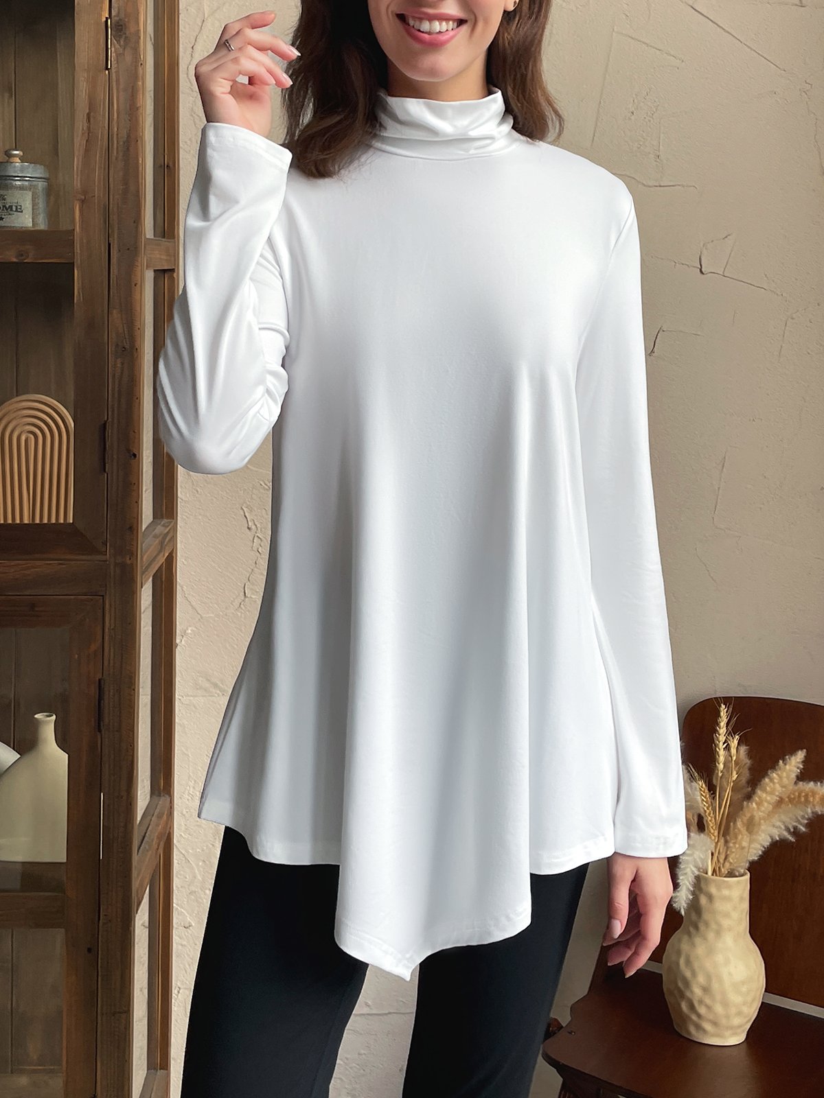 Asymmetric Casual Plain Turtleneck A-Line Jersey Long Sleeve T-Shirt