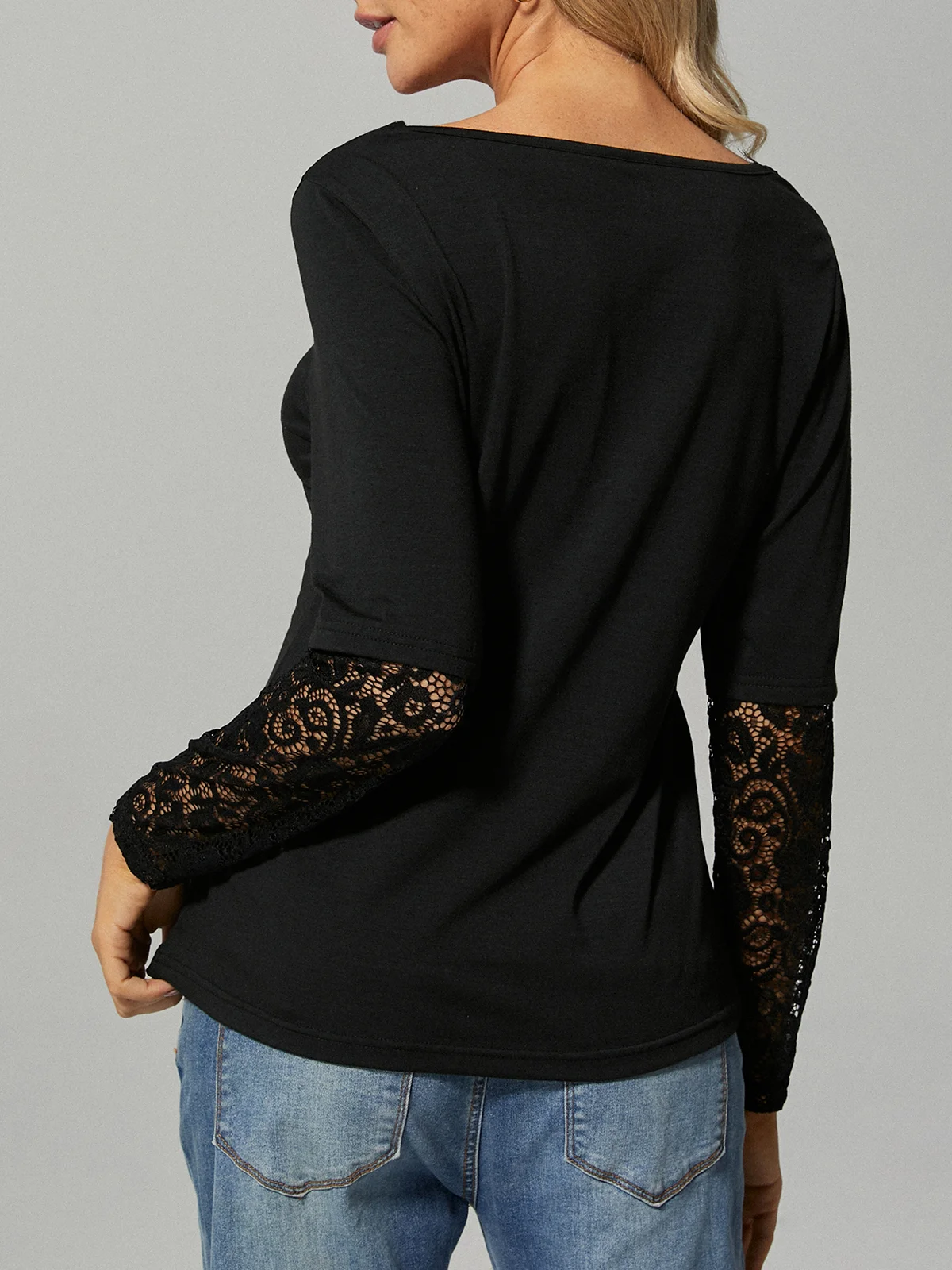 Sexy Lace Plain Regular Fit Elegant V Neck Long Sleeve T-Shirt