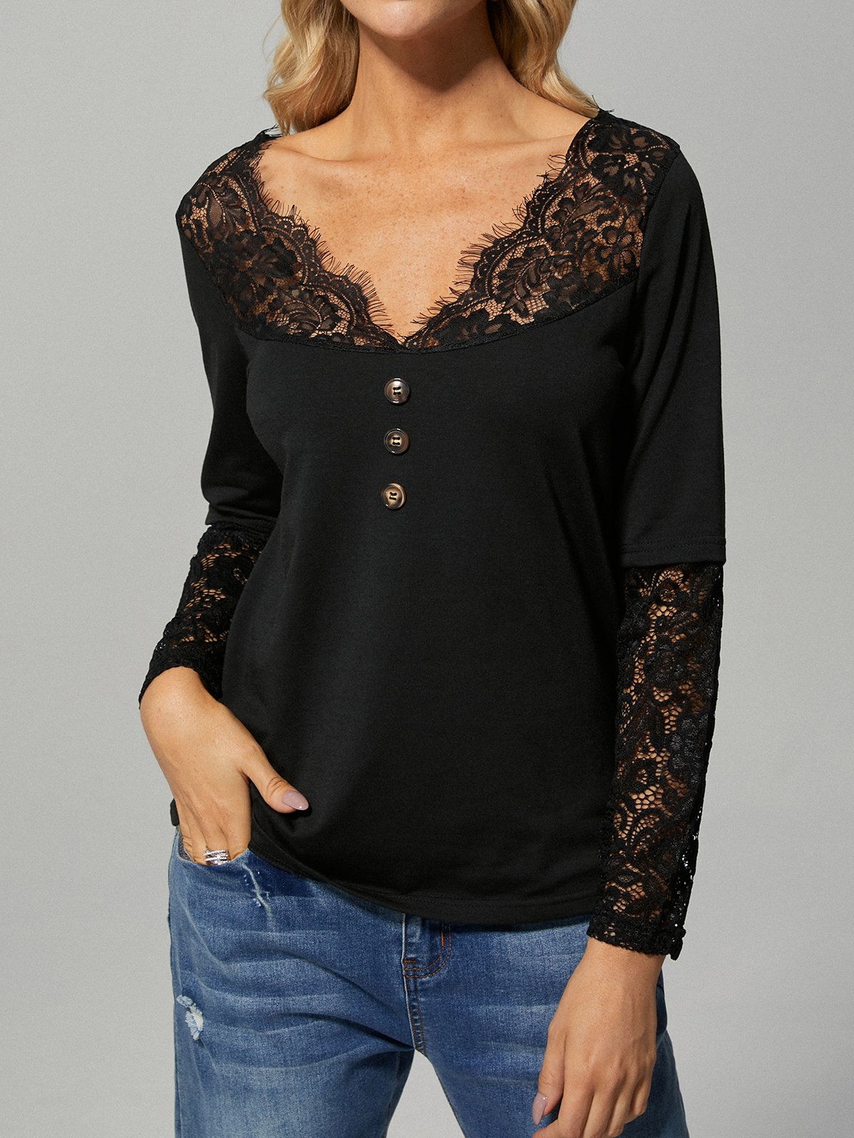 Sexy Lace Plain Regular Fit Elegant V Neck Long Sleeve T-Shirt