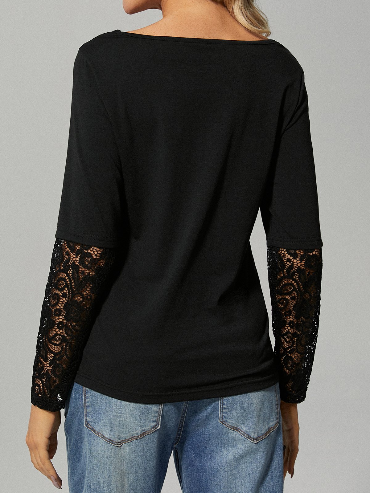 Sexy Lace Plain Regular Fit Elegant V Neck Long Sleeve T-Shirt