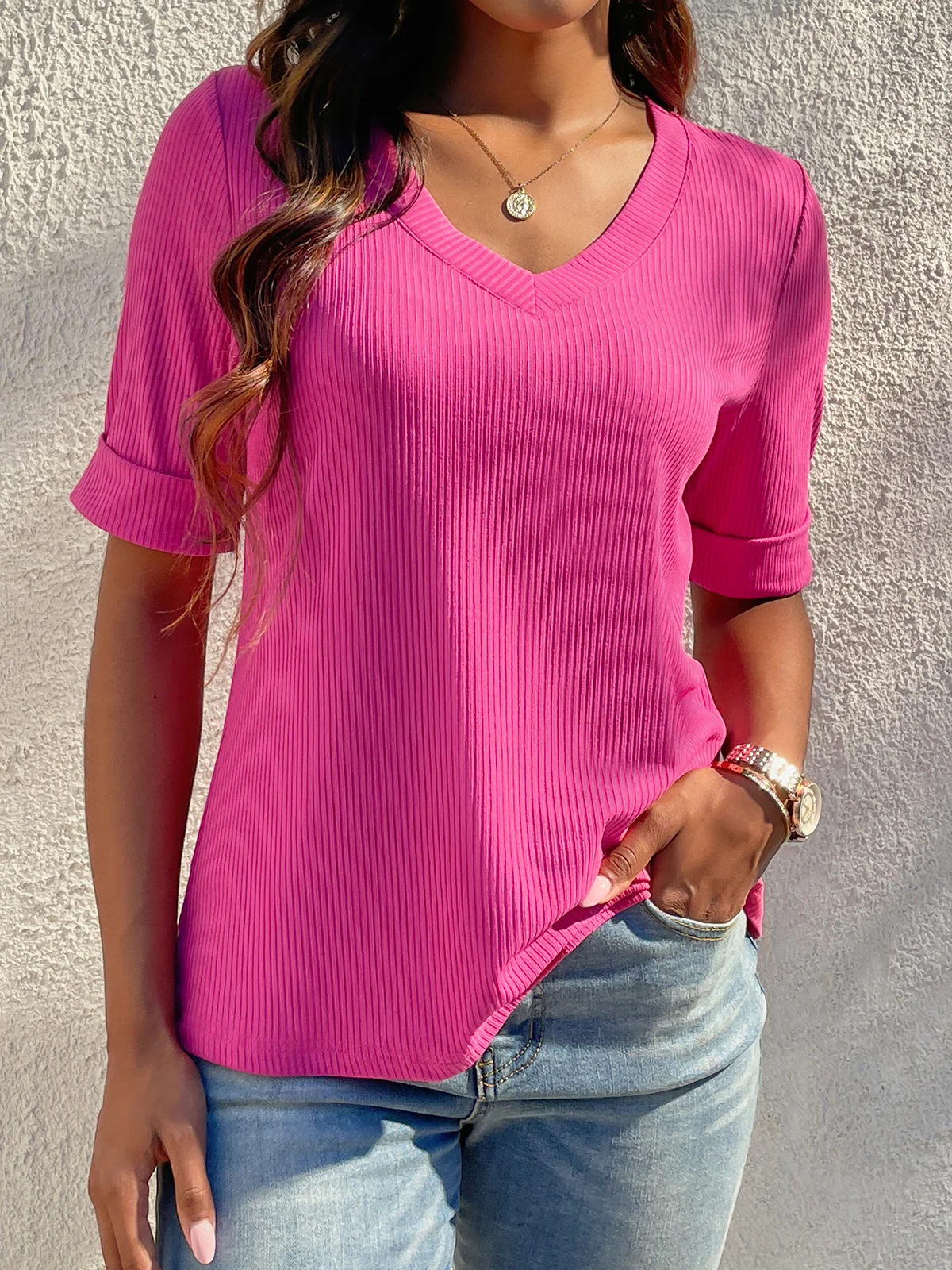 Regular Fit Plain Casual V Neck Half Sleeve T-Shirt