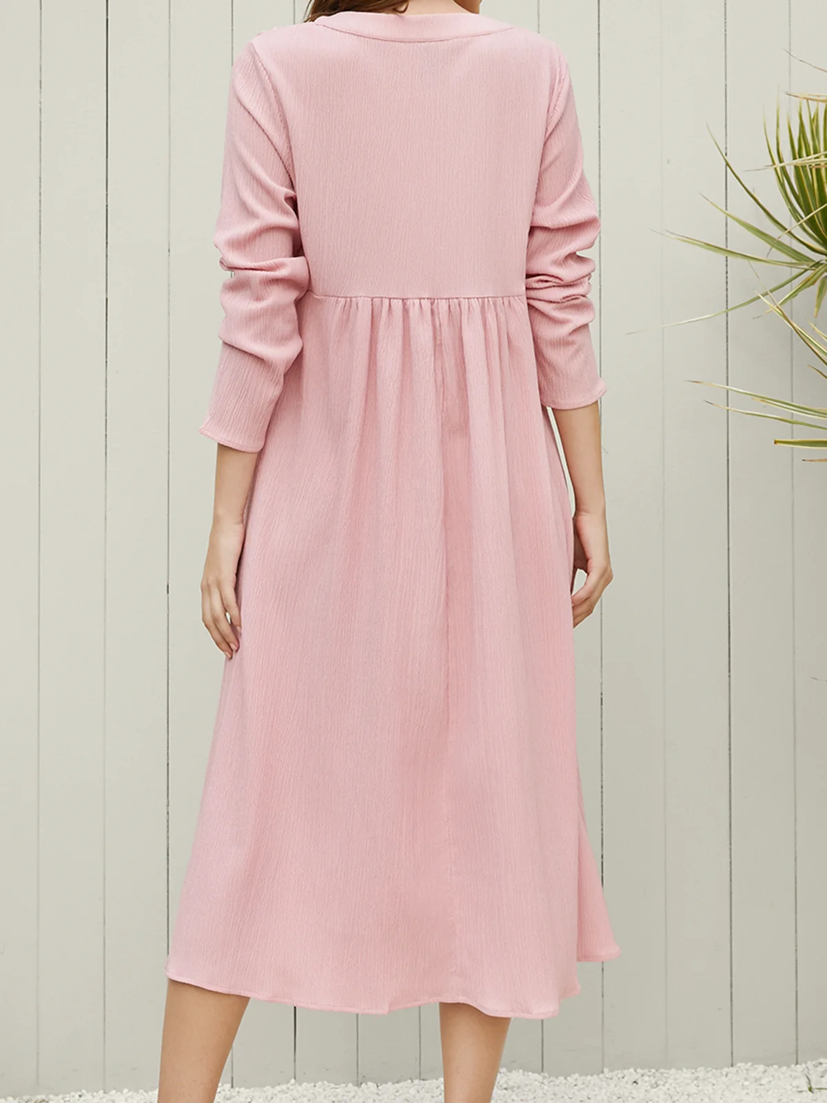 Plain Loose Lace V Neck H-Line Casual Long Sleeve Midi Dress