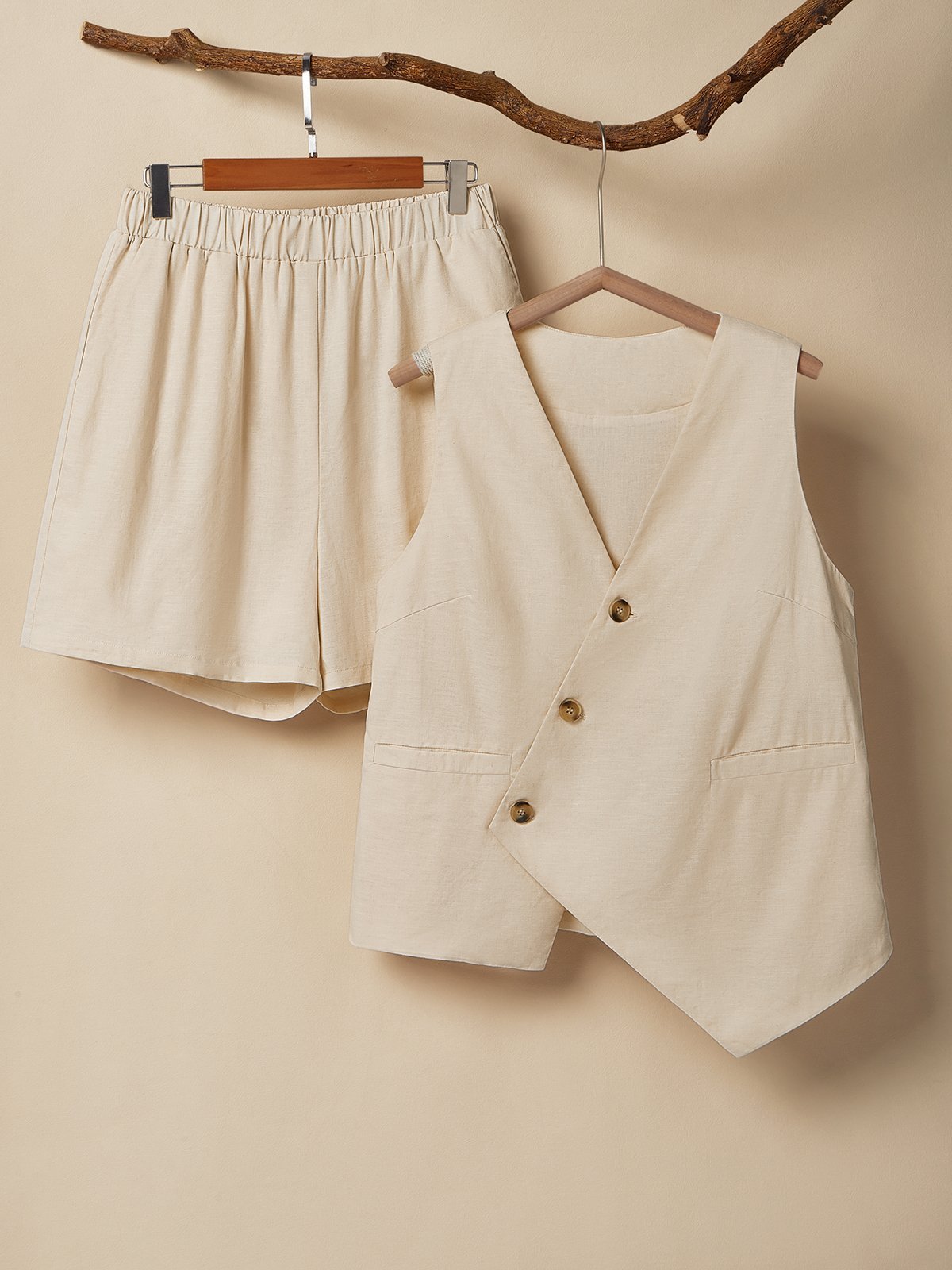 Linen V Neck Cotton And Linen Regular Fit Two-Piece Set