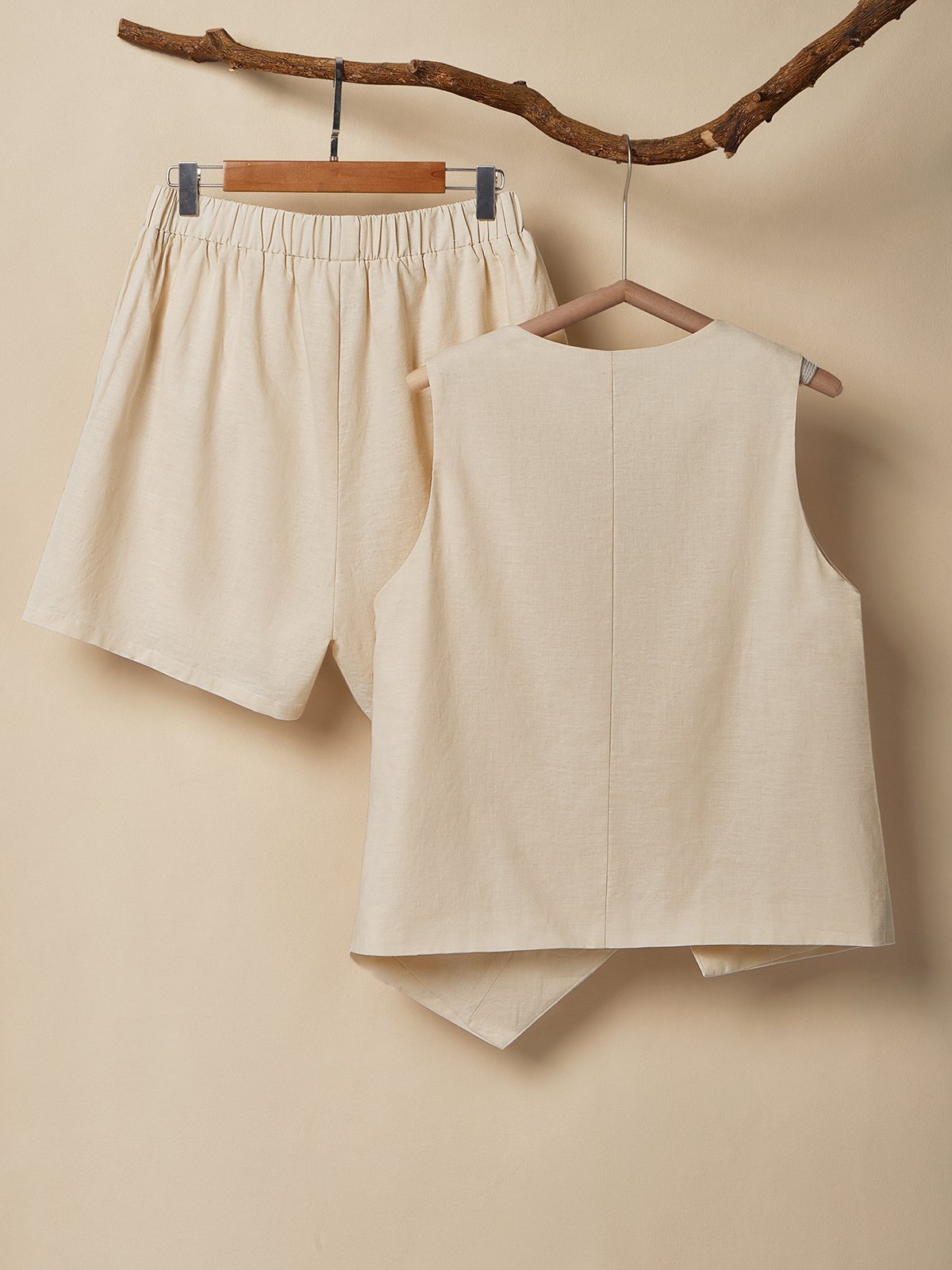 Linen V Neck Cotton And Linen Regular Fit Two-Piece Set