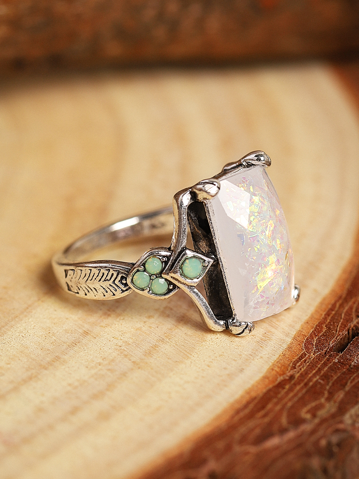 Vintage White Opal Ancient Silver Ring