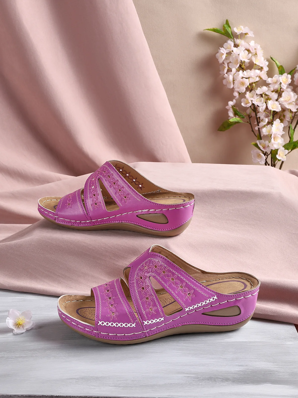 Floral Embroidered Cutout Boho Casual Wedge Slides