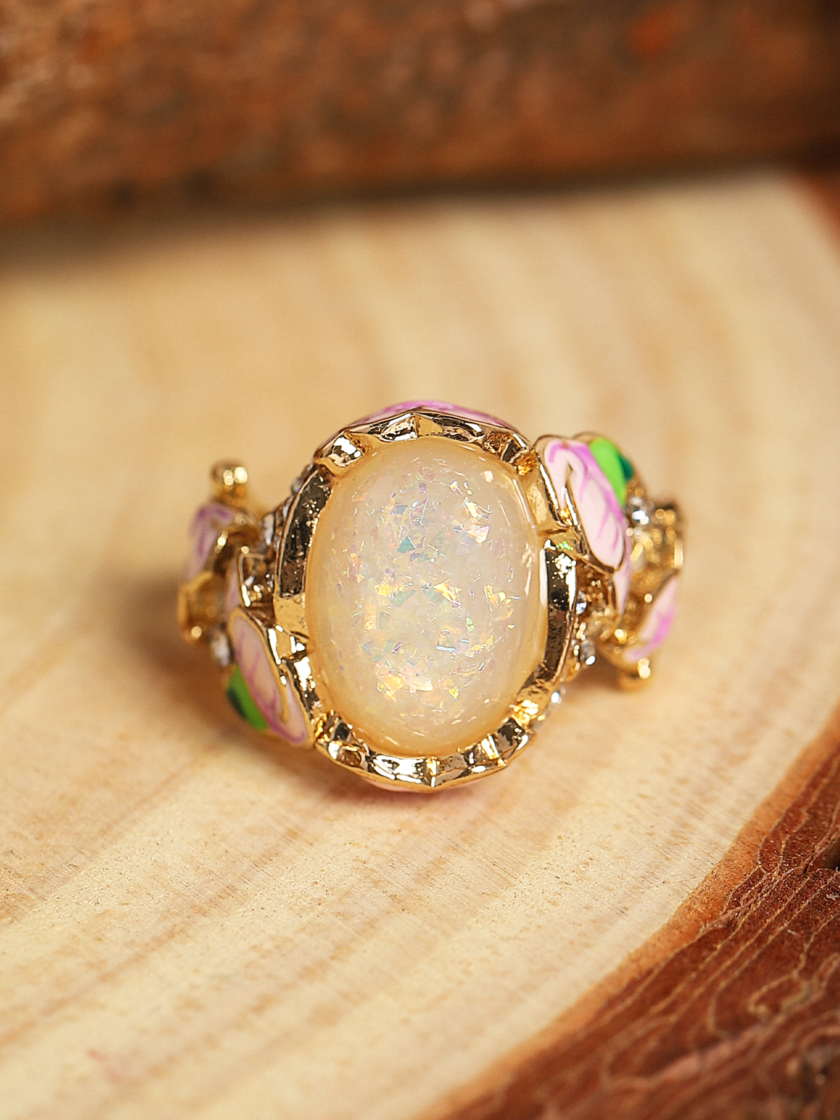 Vintage Crystal Enamel Opal Painted Rhinestone Floral Party Wedding Vacation Ring