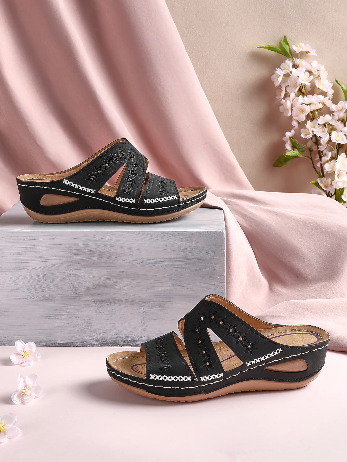 Floral Embroidered Cutout Boho Casual Wedge Slides