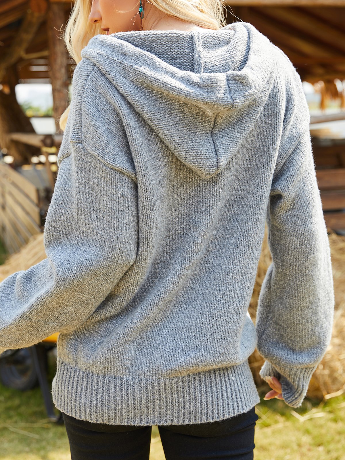 Plain Wool/Knitting Casual Loose Hoodie H-Line Sweater Mid-long Coat