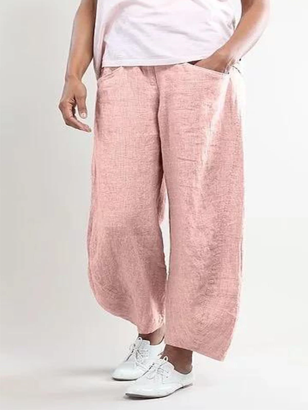 zolucky Women Summer Pink Cotton Pockets Shift Casual Capri Pants