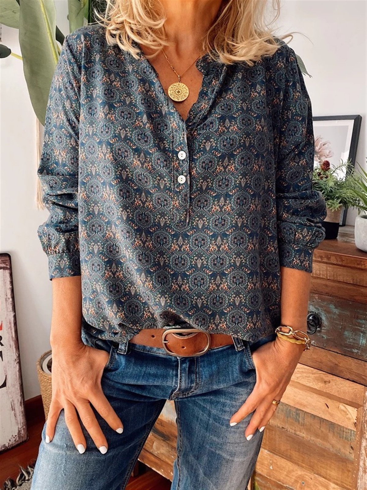 Women Vintage Floral Printed Blouse