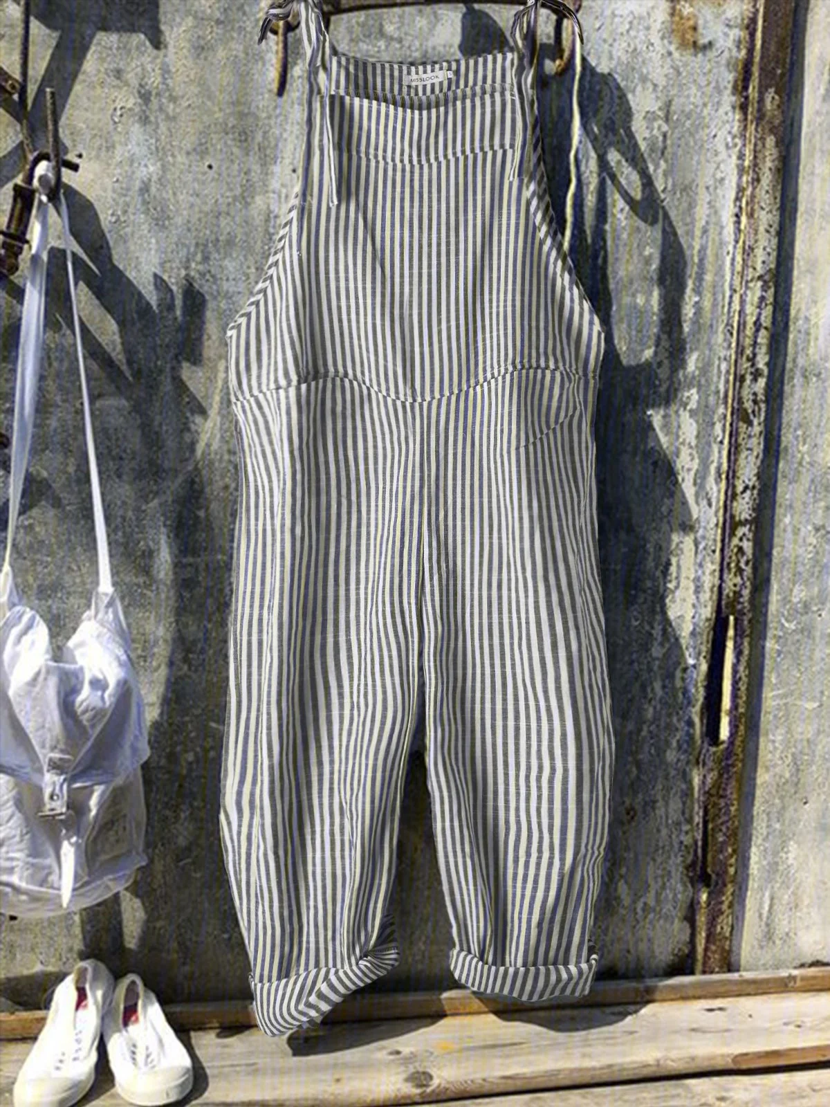 Vintage Black Gray Linen Stripes Pants Romper Jumpsuits