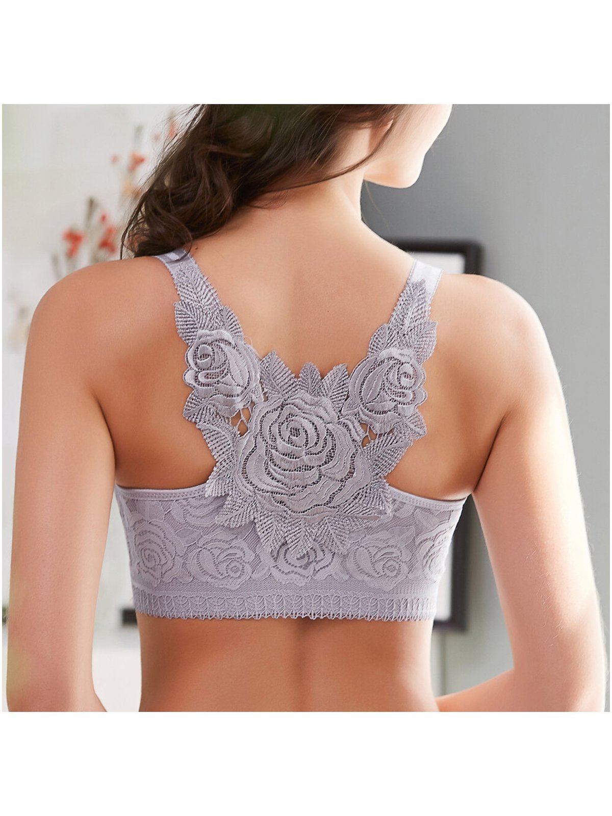 Wireless Rose Embroidery Back Front Closure Lace Thin Gather Comfy Bras