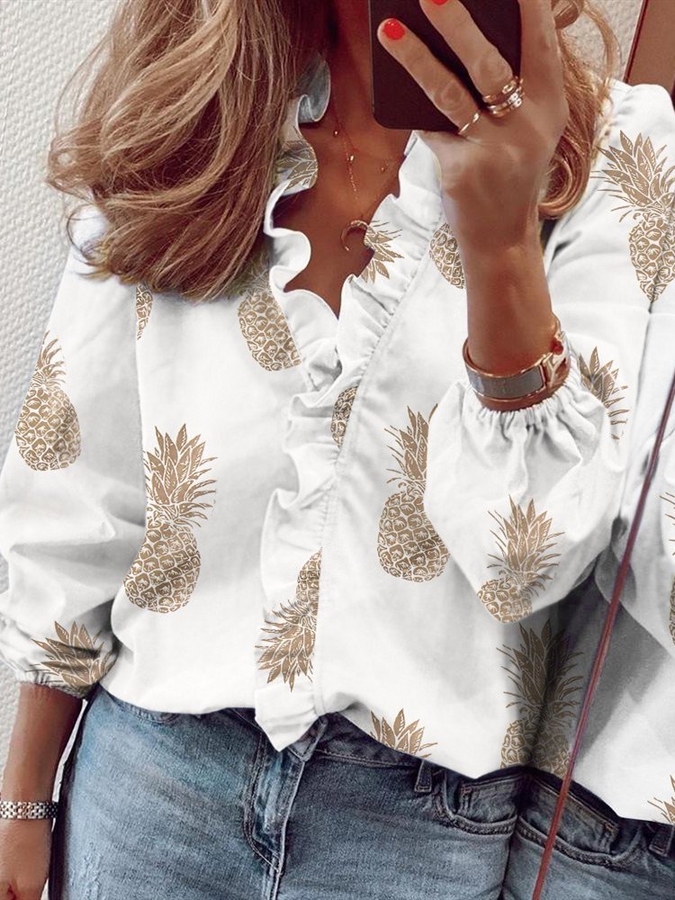 Casual Ruffled V-neck Long Sleeve Top