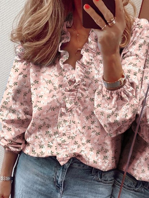 Casual Ruffled V-neck Long Sleeve Top