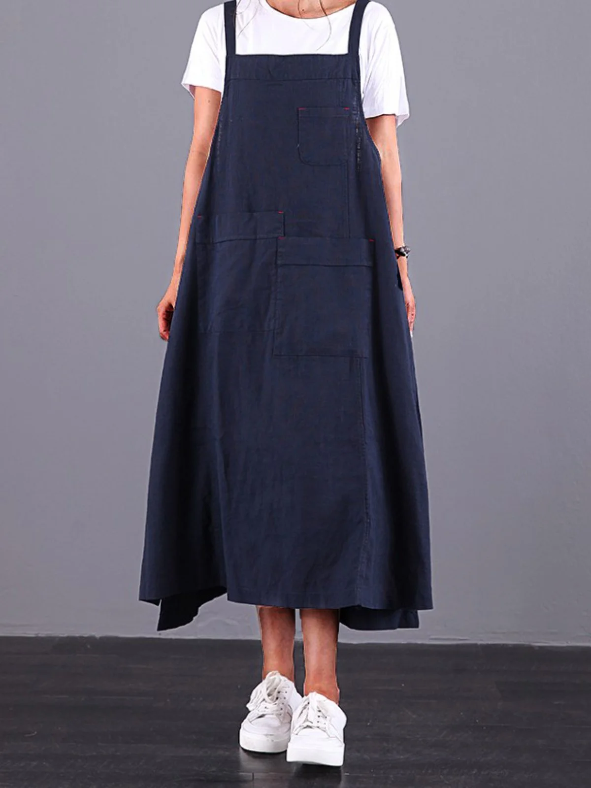 Navy Blue Sleeveless Plain Weaving Dress