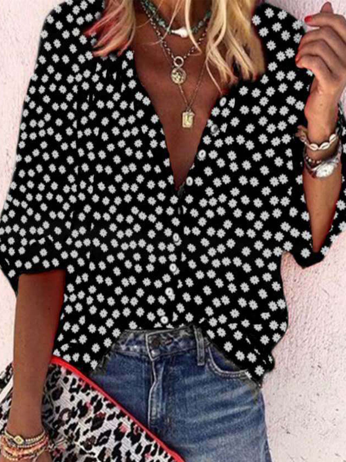 Women Vintage Half Sleeve Boho Floral Printed V Neck Casual Top