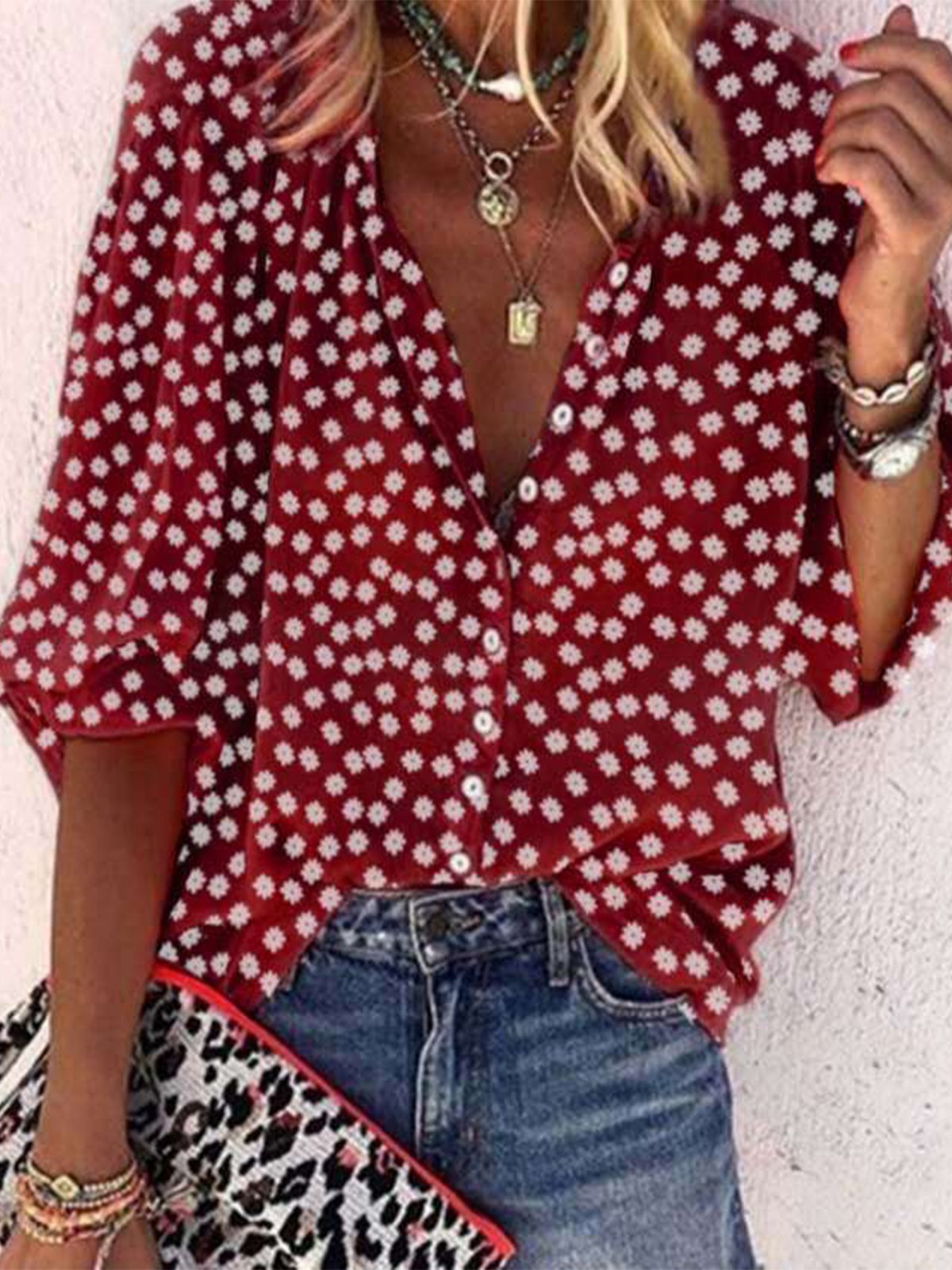 Women Vintage Half Sleeve Boho Floral Printed V Neck Casual Top