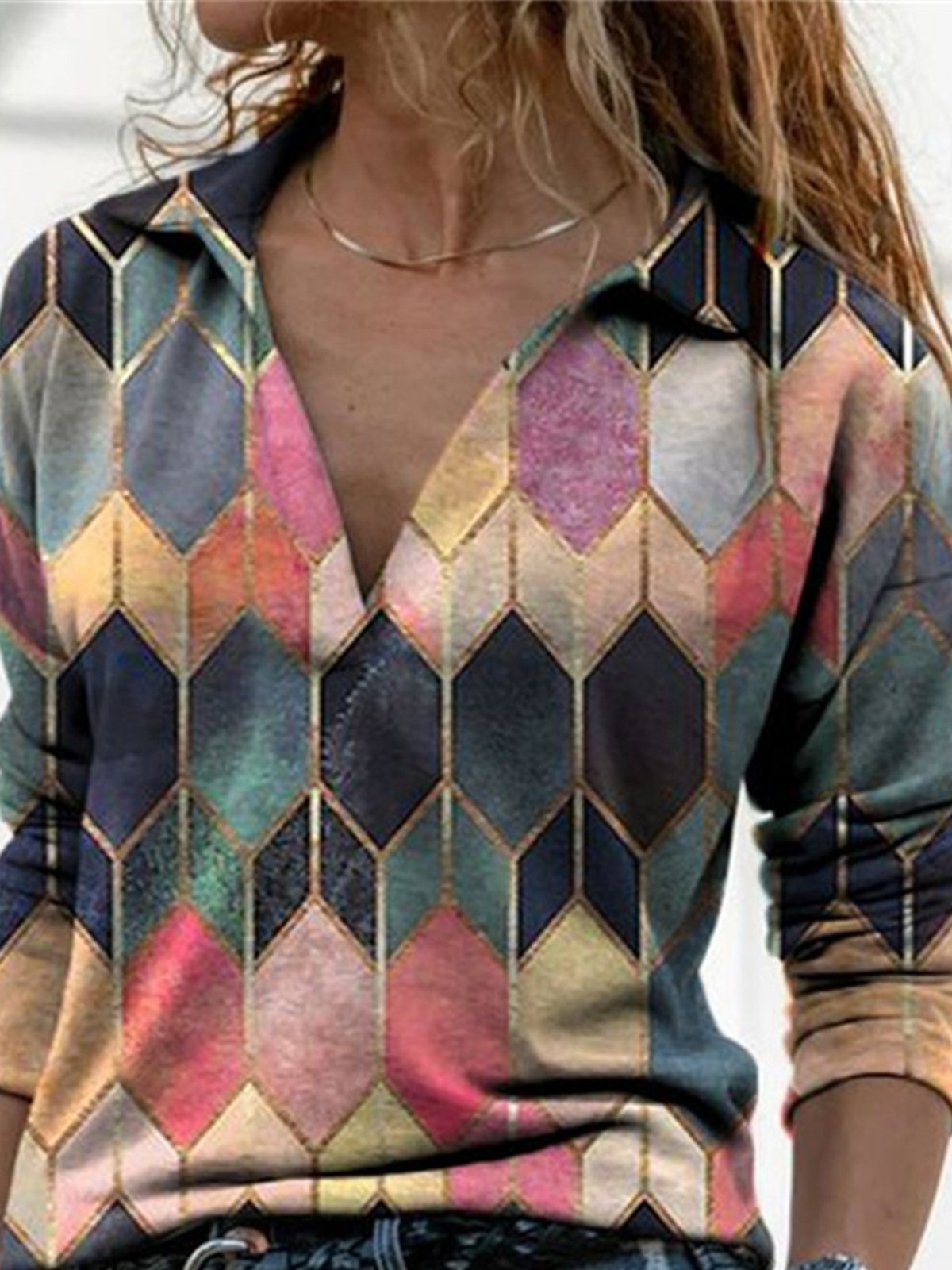 Color-Block Long Sleeve Shirt Collar Abstract Blouse