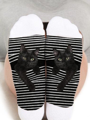 Halloween Cotton Striped Cat Printed Socks Plus Size